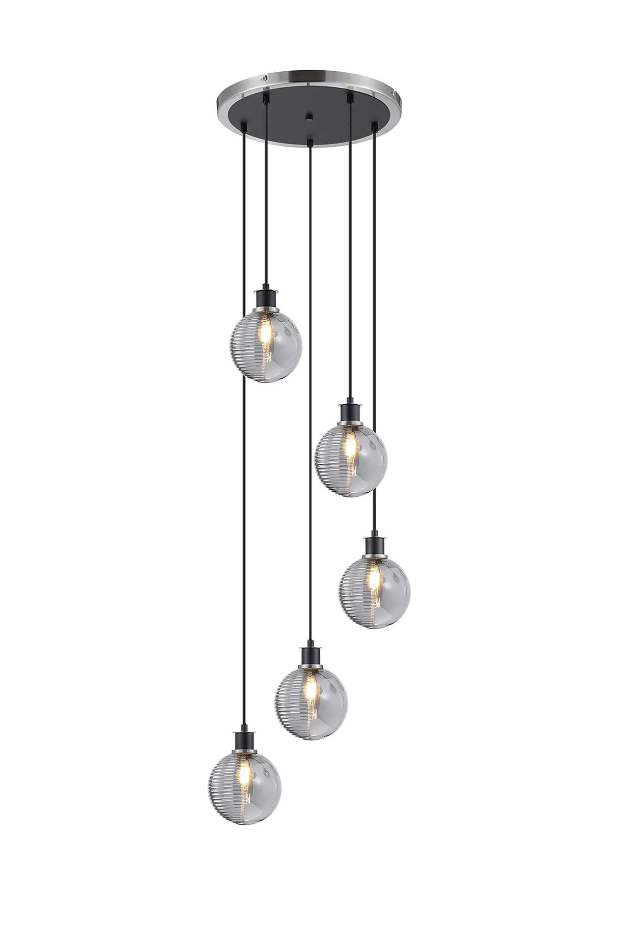 Stevens 1.8m Round Pendant, 5 x E14 With 15cm Round Double Textured Smooth/Ribbed Glass Shade, Satin Nickel, Smoke Plated & Satin Black