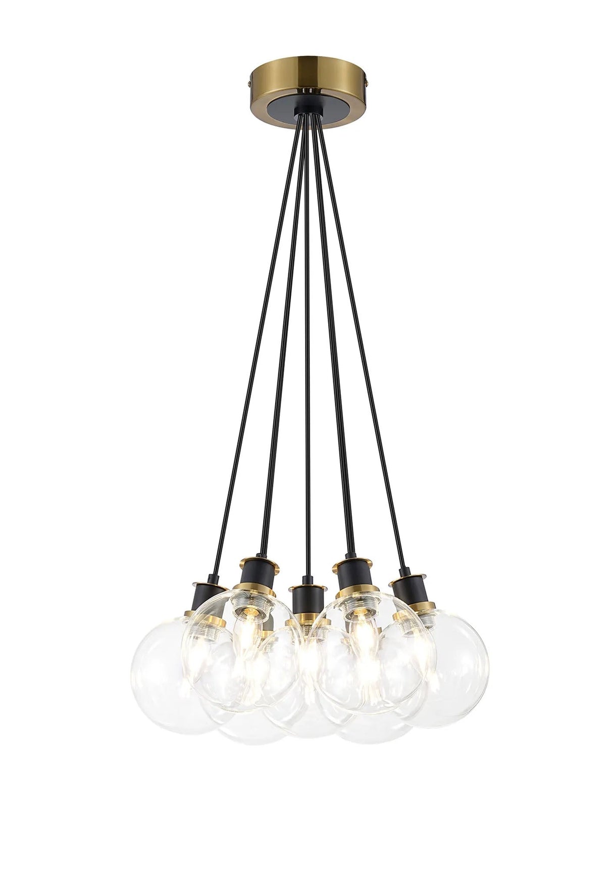 Stevens 1.3m Round Cluster Pendant, 7 x E14 With 15cm Round Glass Shade, Brass, Clear & Satin Black