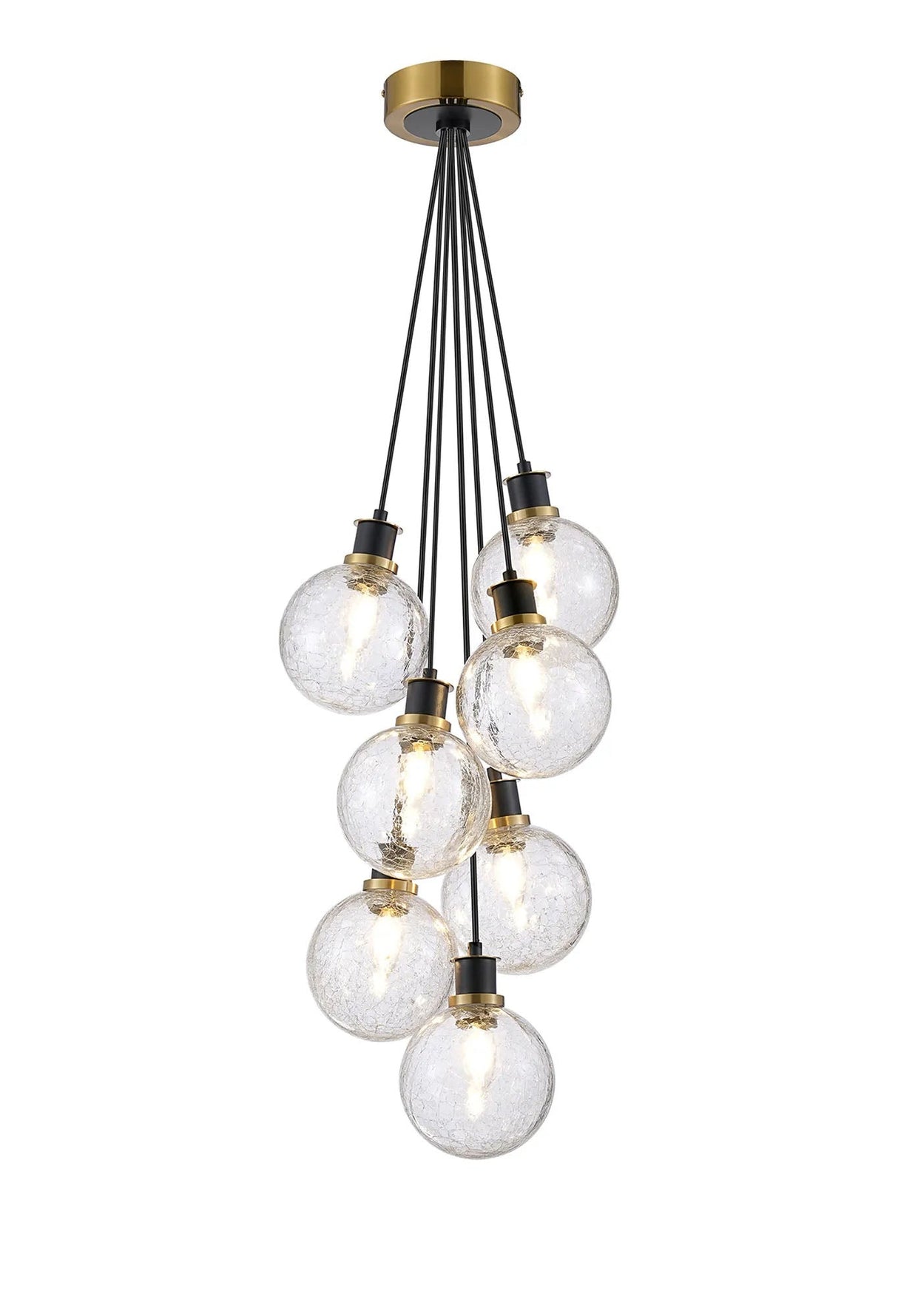 Stevens 1.3m Round Cluster Pendant, 7 x E14 With 15cm Round Crackled Glass Shade, Brass, Clear & Satin Black