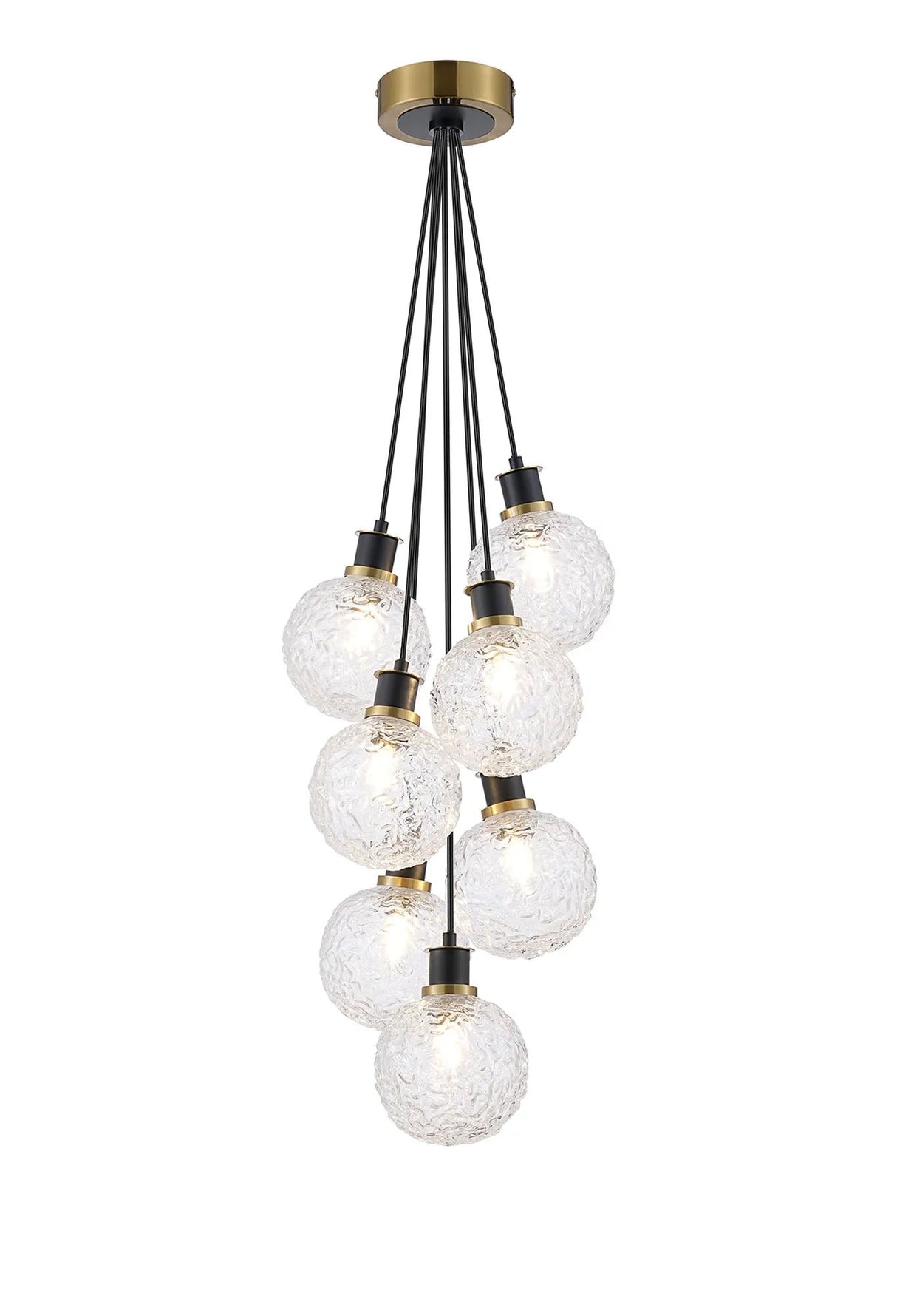 Stevens 1.3m Round Cluster Pendant, 7 x E14 With 15cm Round Textured Crumple Glass Shade, Brass, Clear & Satin Black