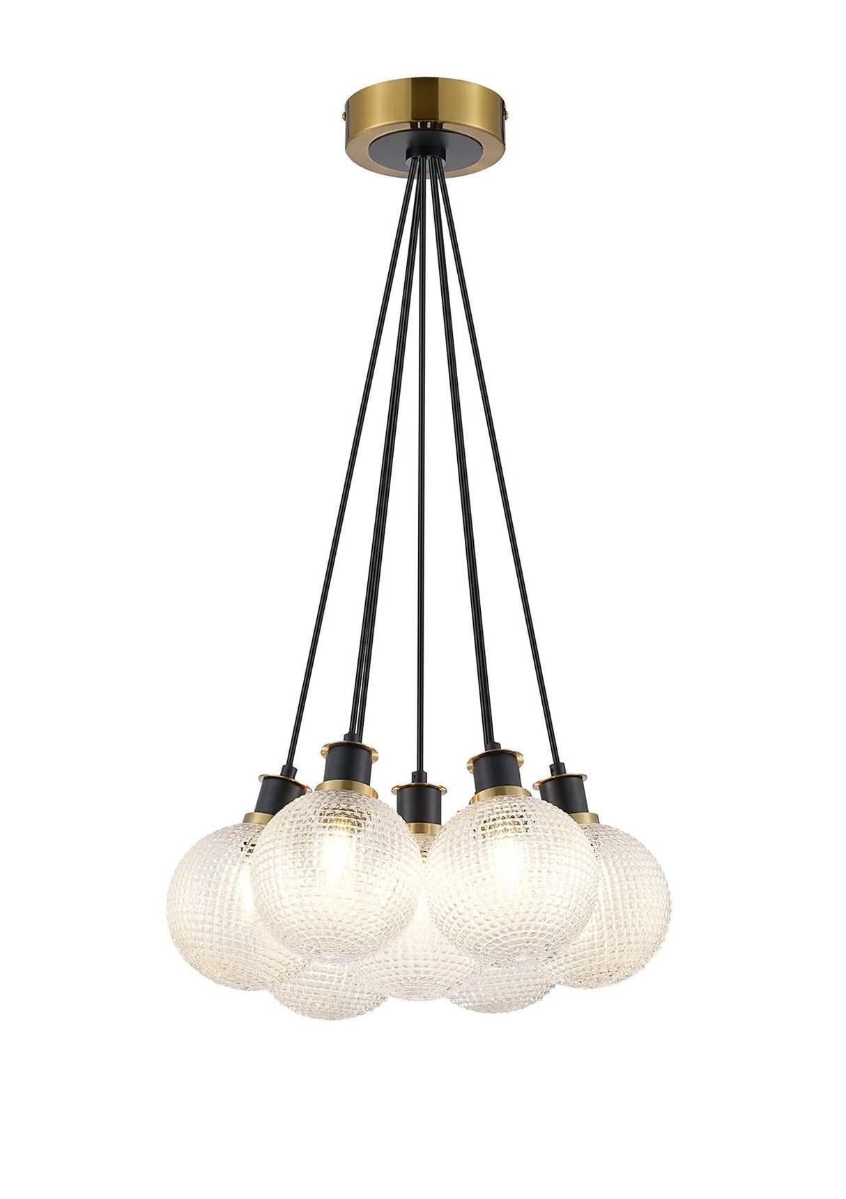 Stevens 1.3m Round Cluster Pendant, 7 x E14 With 15cm Round Textured Diamond Pattern Glass Shade, Brass, Clear & Satin Black