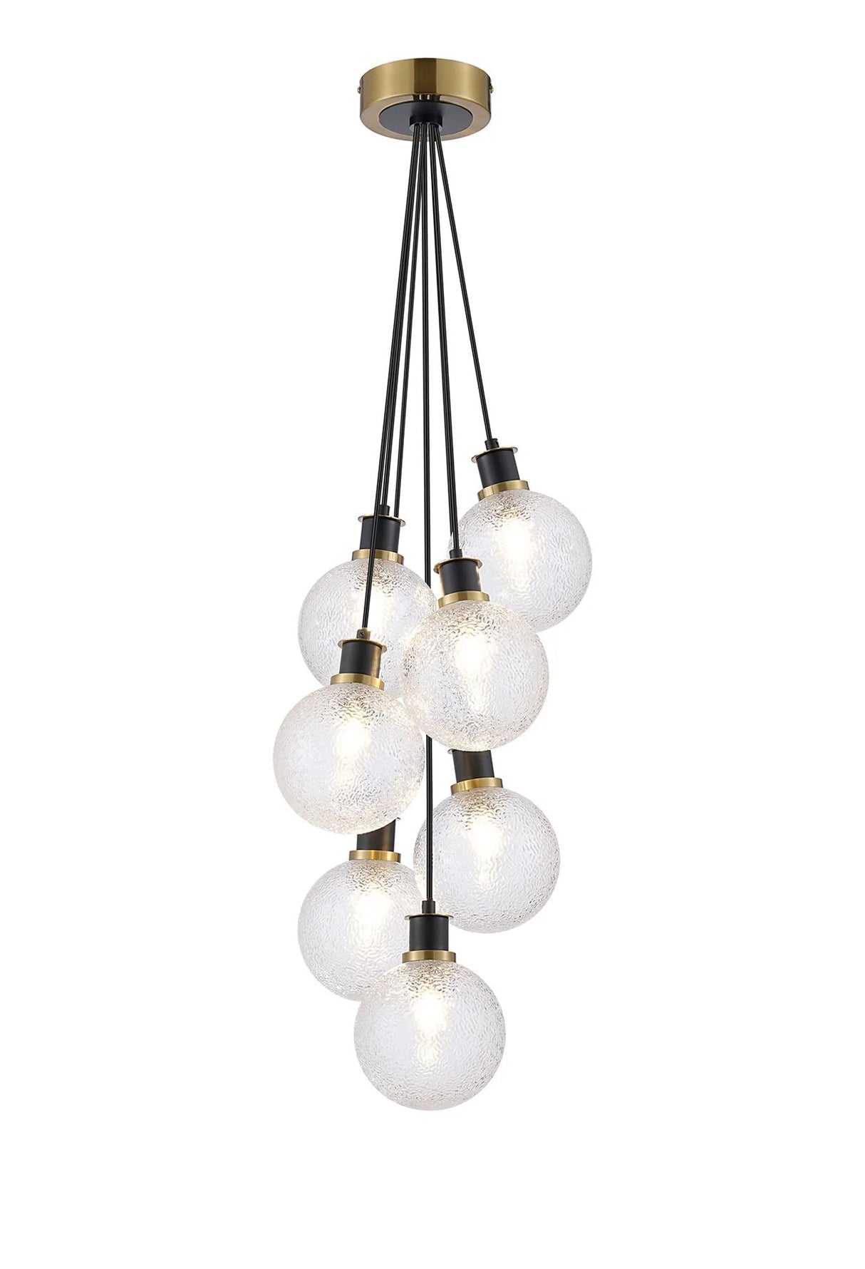 Stevens 1.3m Round Cluster Pendant, 7 x E14 With 15cm Round Dimpled Glass Shade, Brass, Clear & Satin Black