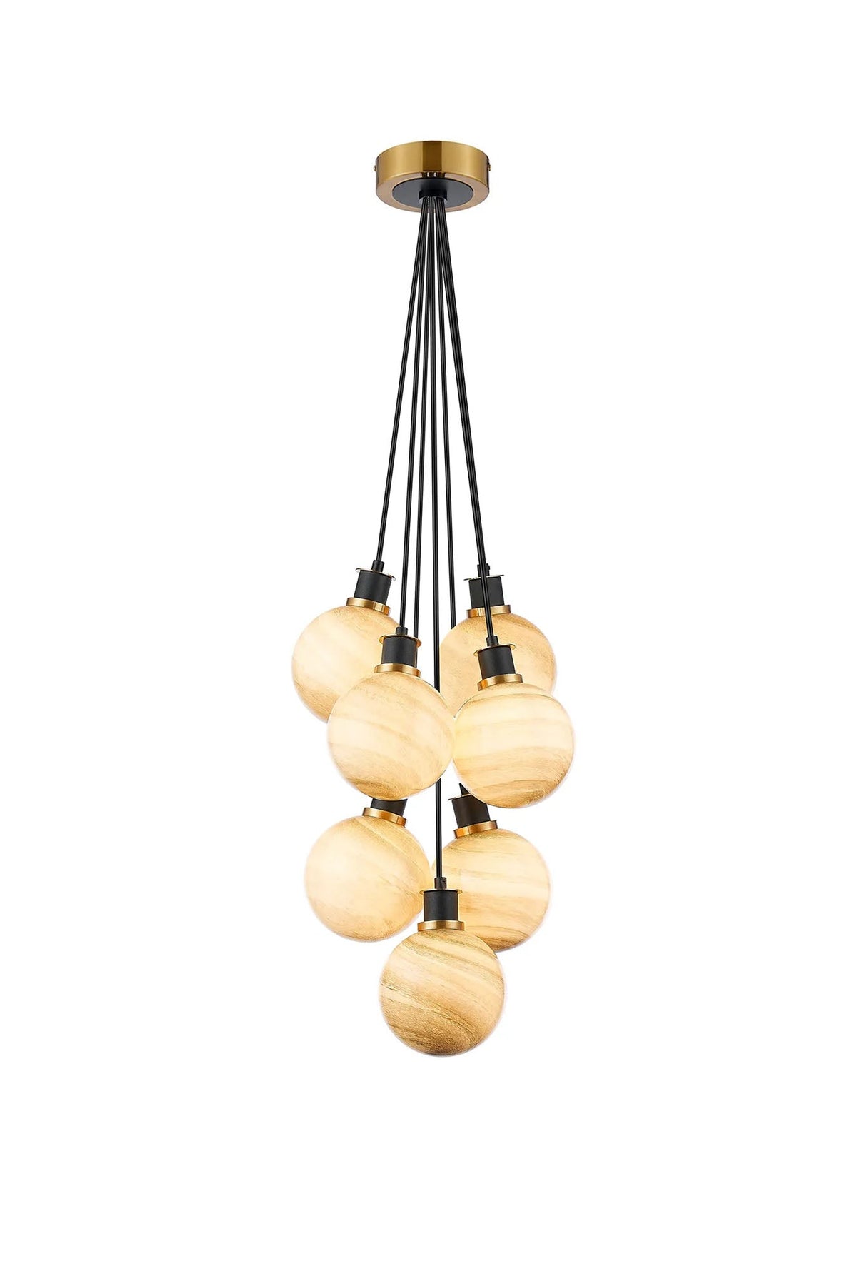 Stevens 45cm Round Cluster Pendant, 7 Light E14 With 15cm Round Dark Beige Marble Effect Glass Shade, Brass & Satin Black Framework