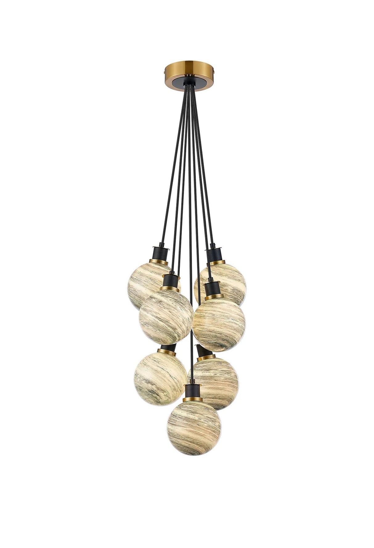 Stevens 45cm Round Cluster Pendant, 7 Light E14 With 15cm Round Dark Green Marble Effect Glass Shade, Brass & Satin Black Framework