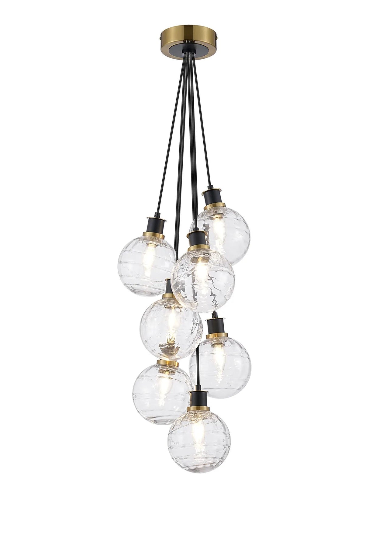 Stevens 1.3m Round Cluster Pendant, 7 x E14 With 15cm Round Textured Melting Glass Shade, Brass, Clear & Satin Black