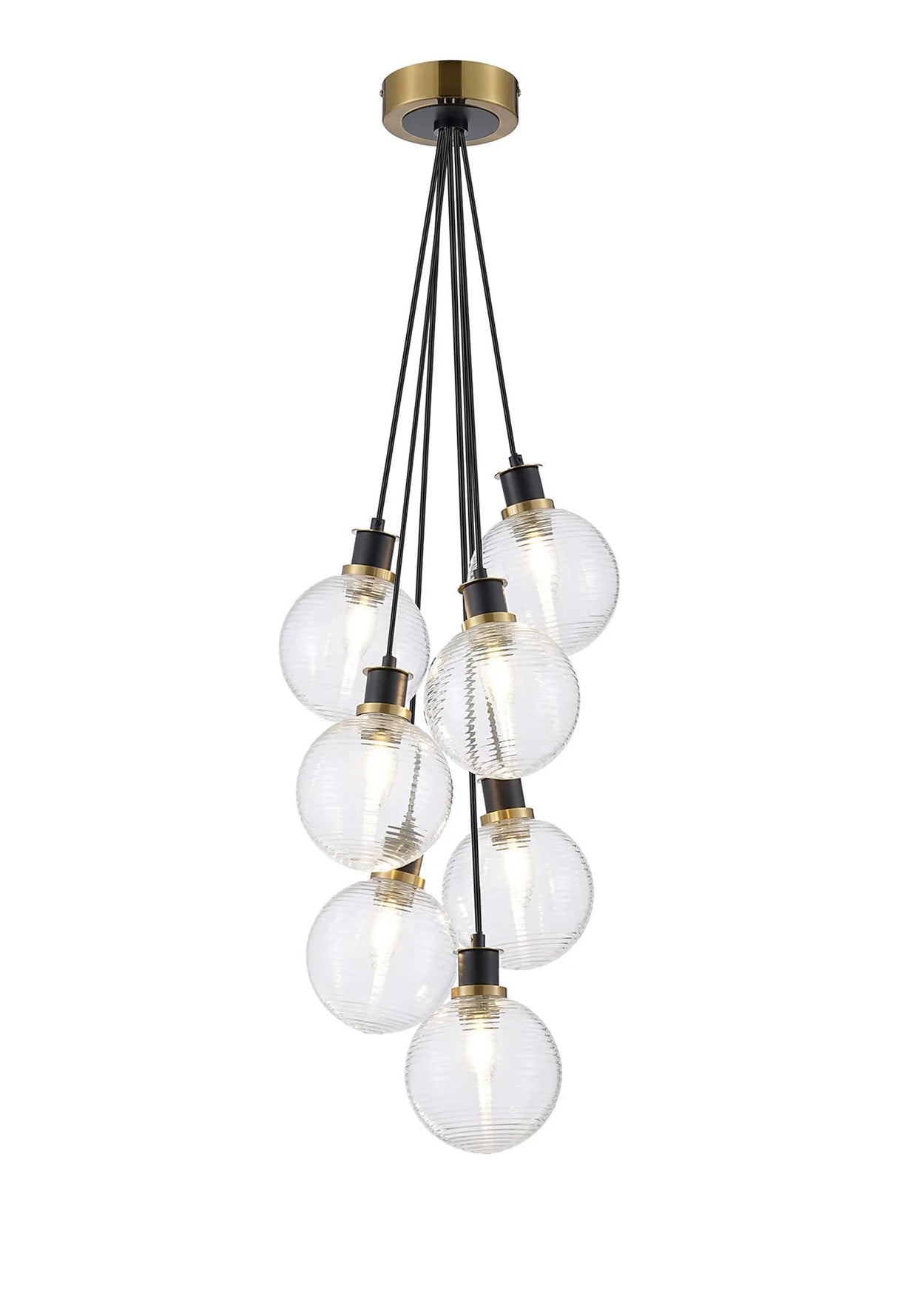 Stevens 1.3m Round Cluster Pendant, 7 x E14 With 15cm Round Ribbed Glass Shade, Brass, Clear & Satin Black