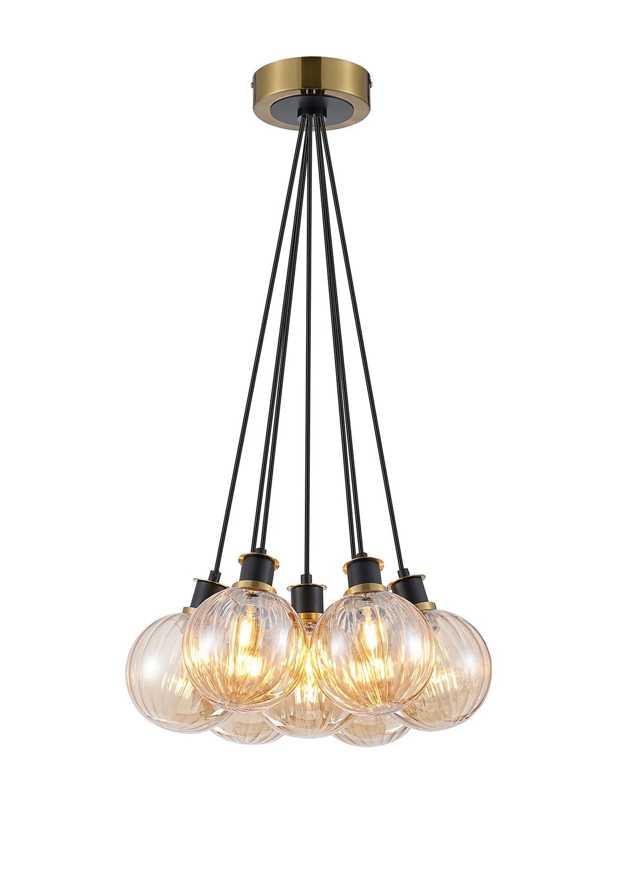 Stevens 1.3m Round Cluster Pendant, 7 x E14 With 15cm Round Segment Glass Shade, Brass, Amber Plated & Satin Black