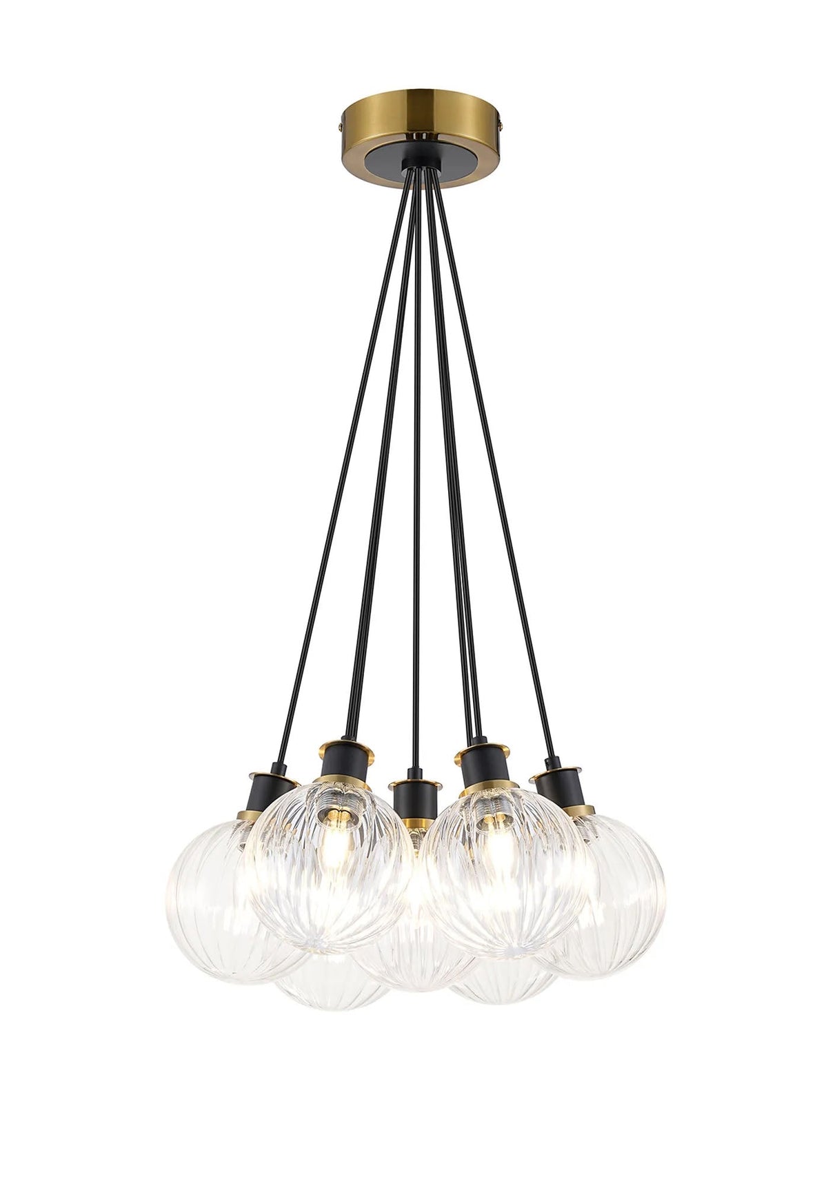 Stevens 1.3m Round Cluster Pendant, 7 x E14 With 15cm Round Segment Glass Shade, Brass, Clear & Satin Black