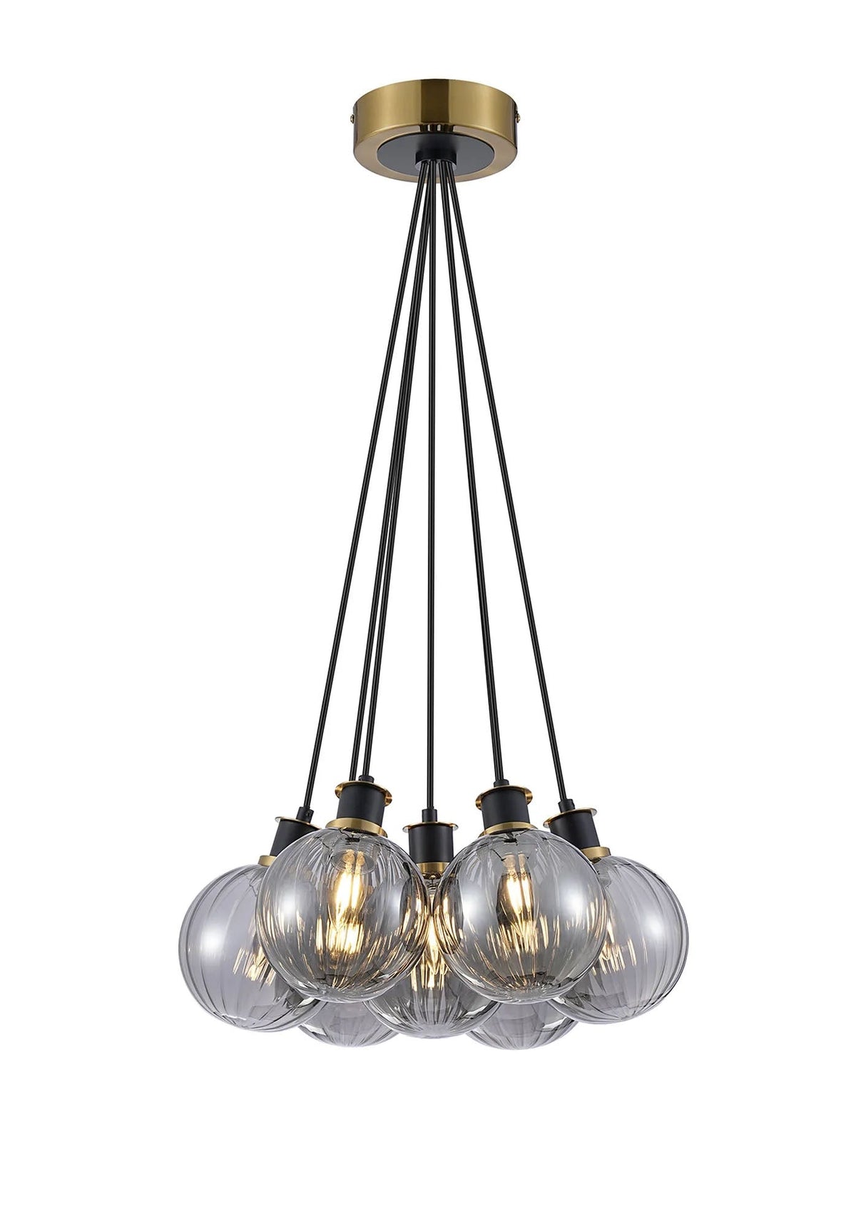 Stevens 1.3m Round Cluster Pendant, 7 x E14 With 15cm Round Segment Glass Shade, Brass, Smoke Plated & Satin Black