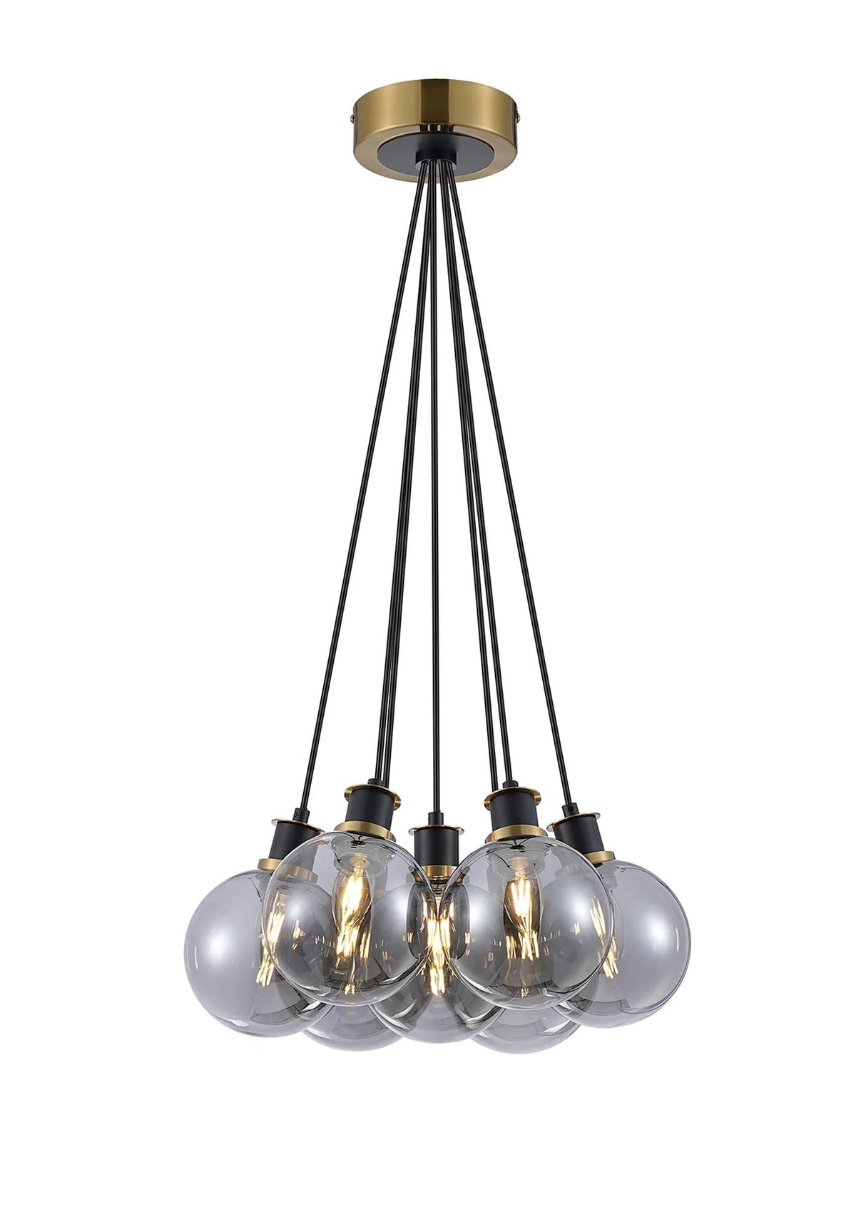 Stevens 1.3m Round Cluster Pendant, 7 x E14 With 15cm Round Glass Shade, Brass, Smoke Plated & Satin Black