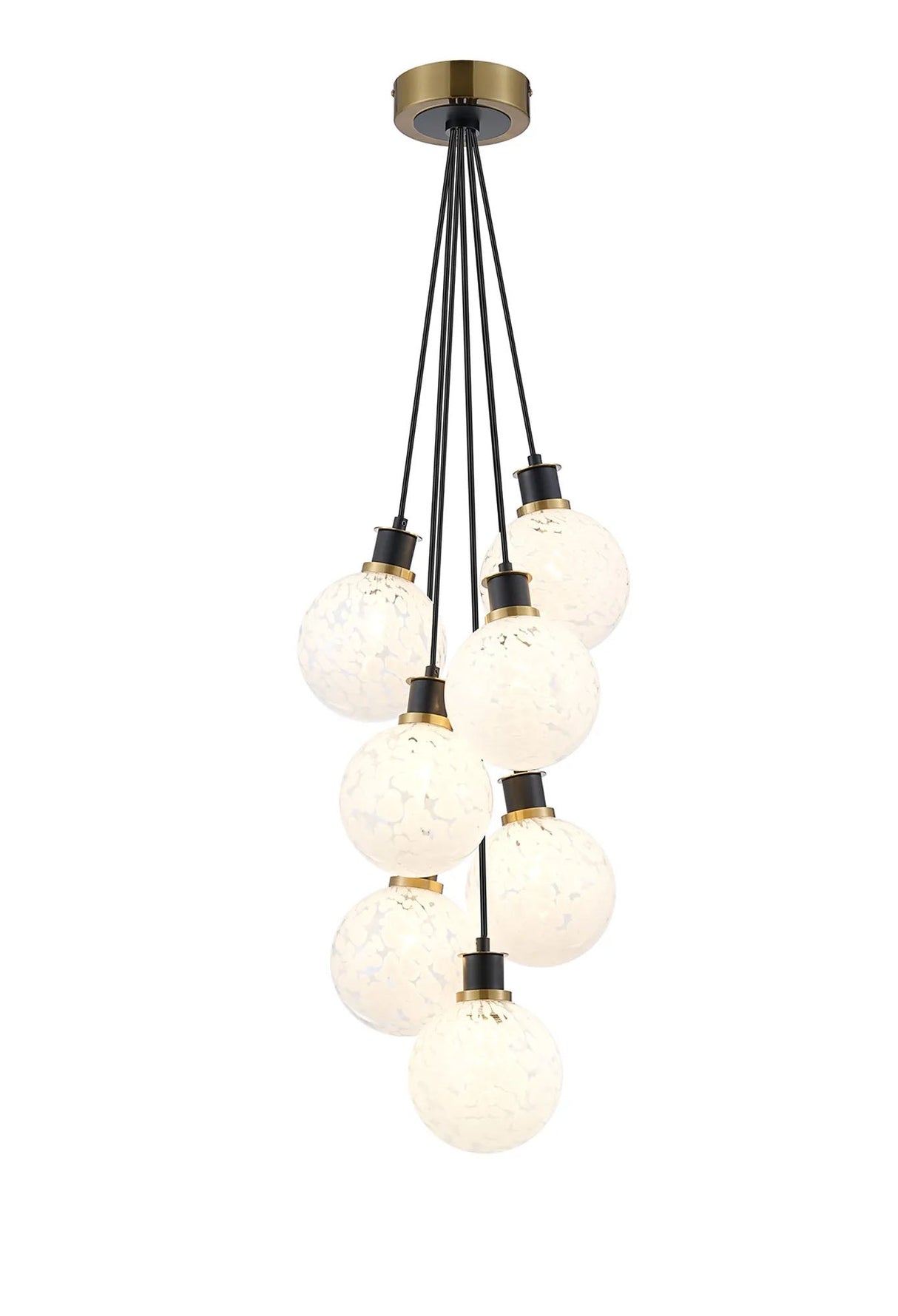 Stevens 1.3m Round Cluster Pendant, 7 x E14 With 15cm Round Speckled Glass Shade, Brass, White & Satin Black