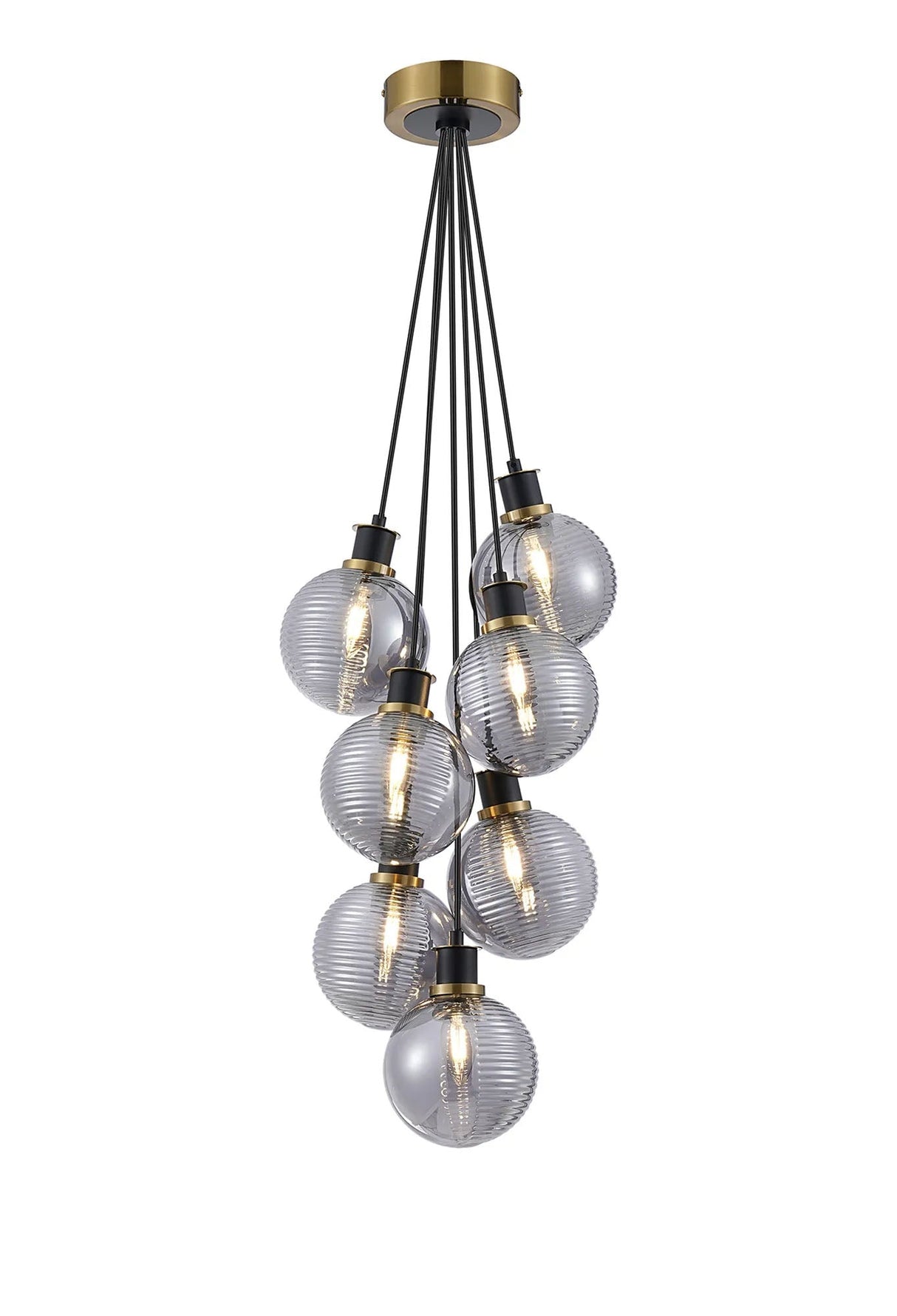 Stevens 1.3m Round Cluster Pendant, 7 x E14 With 15cm Round Double Textured Smooth/Ribbed Glass Shade, Brass, Smoke Plated & Satin Black