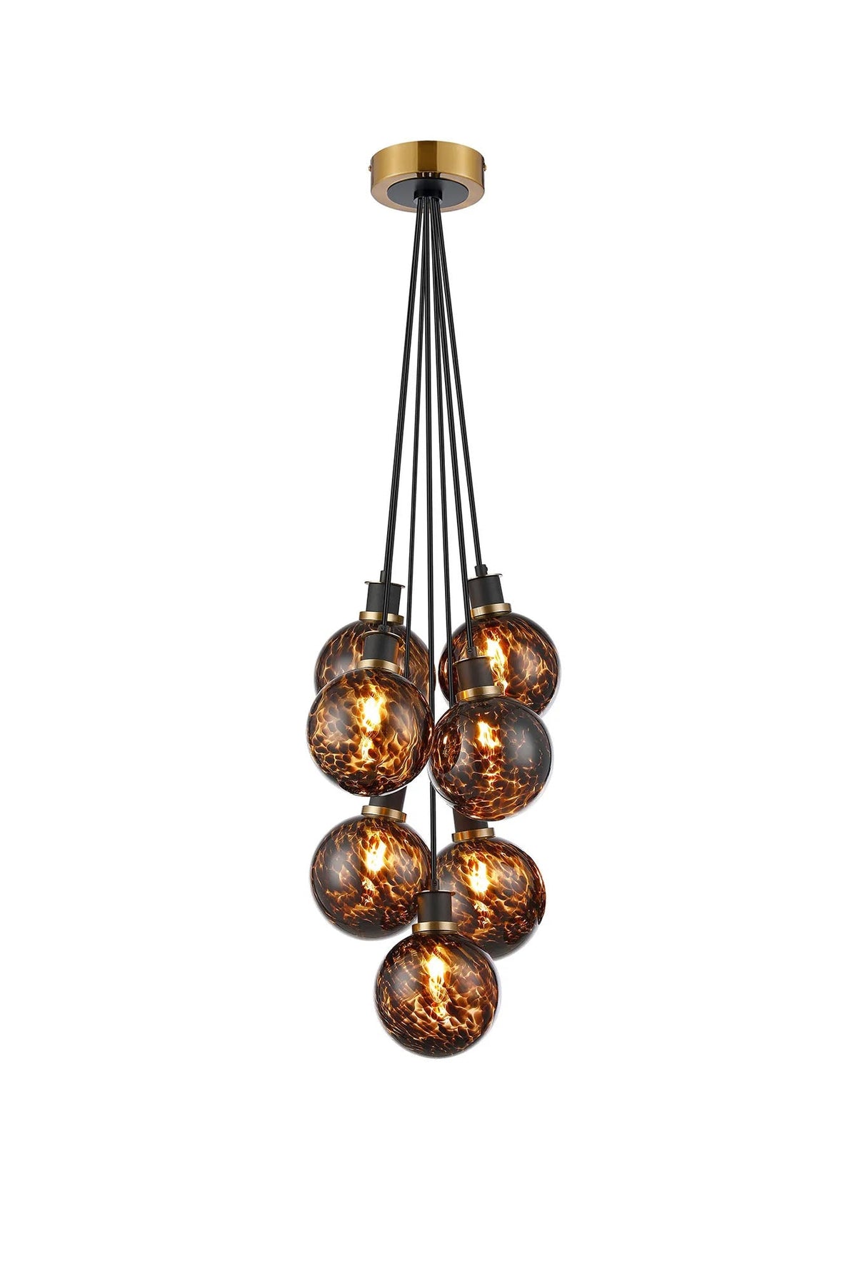 Stevens 45cm Round Cluster Pendant, 7 Light E14 With 15cm Round Brown & Amber Tortoise Shell Glass Shade, Brass & Satin Black