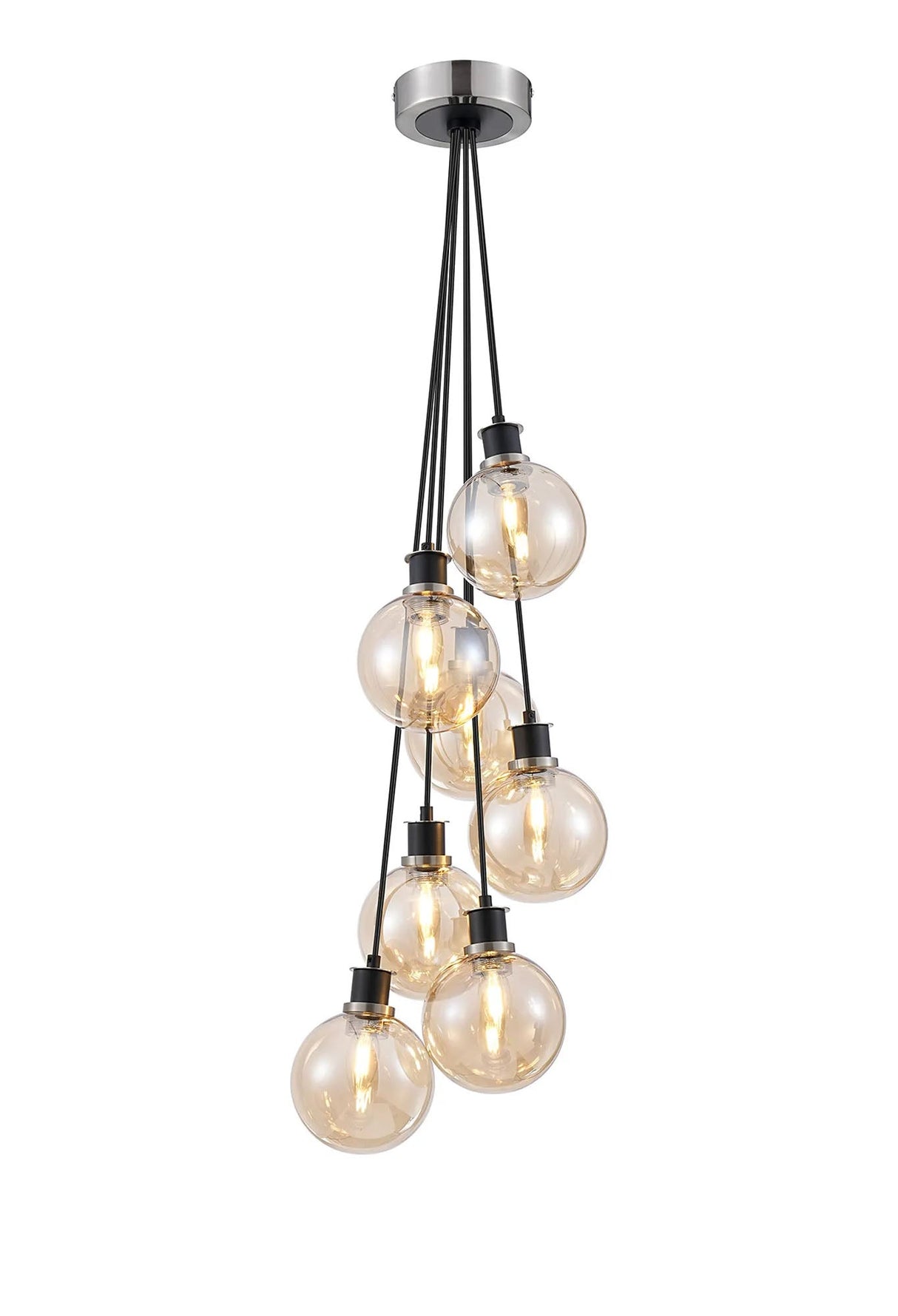 Stevens 1.3m Round Cluster Pendant, 7 x E14 With 15cm Round Glass Shade, Satin Nickel, Amber Plated & Satin Black
