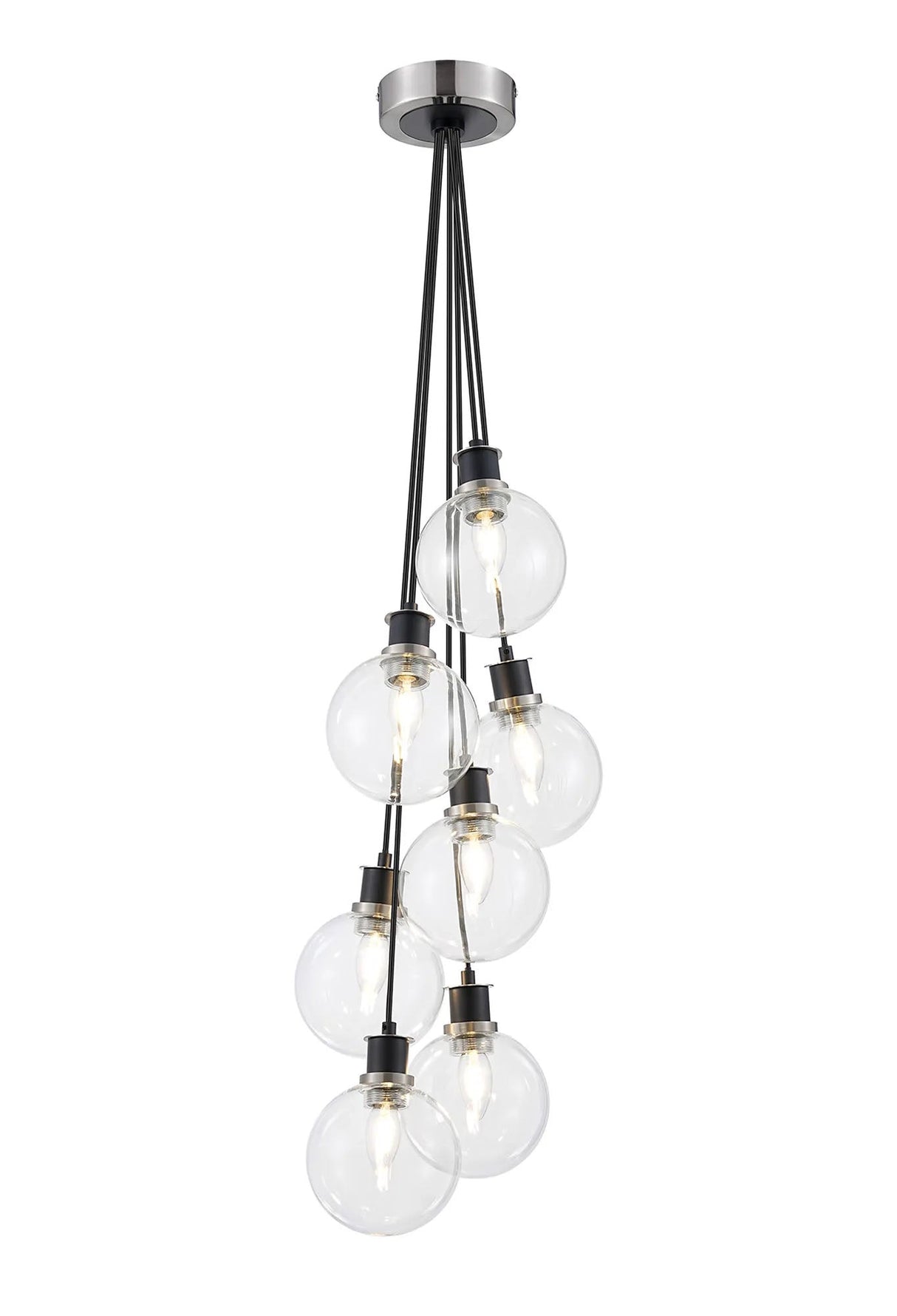 Stevens 1.3m Round Cluster Pendant, 7 x E14 With 15cm Round Glass Shade, Satin Nickel, Clear & Satin Black