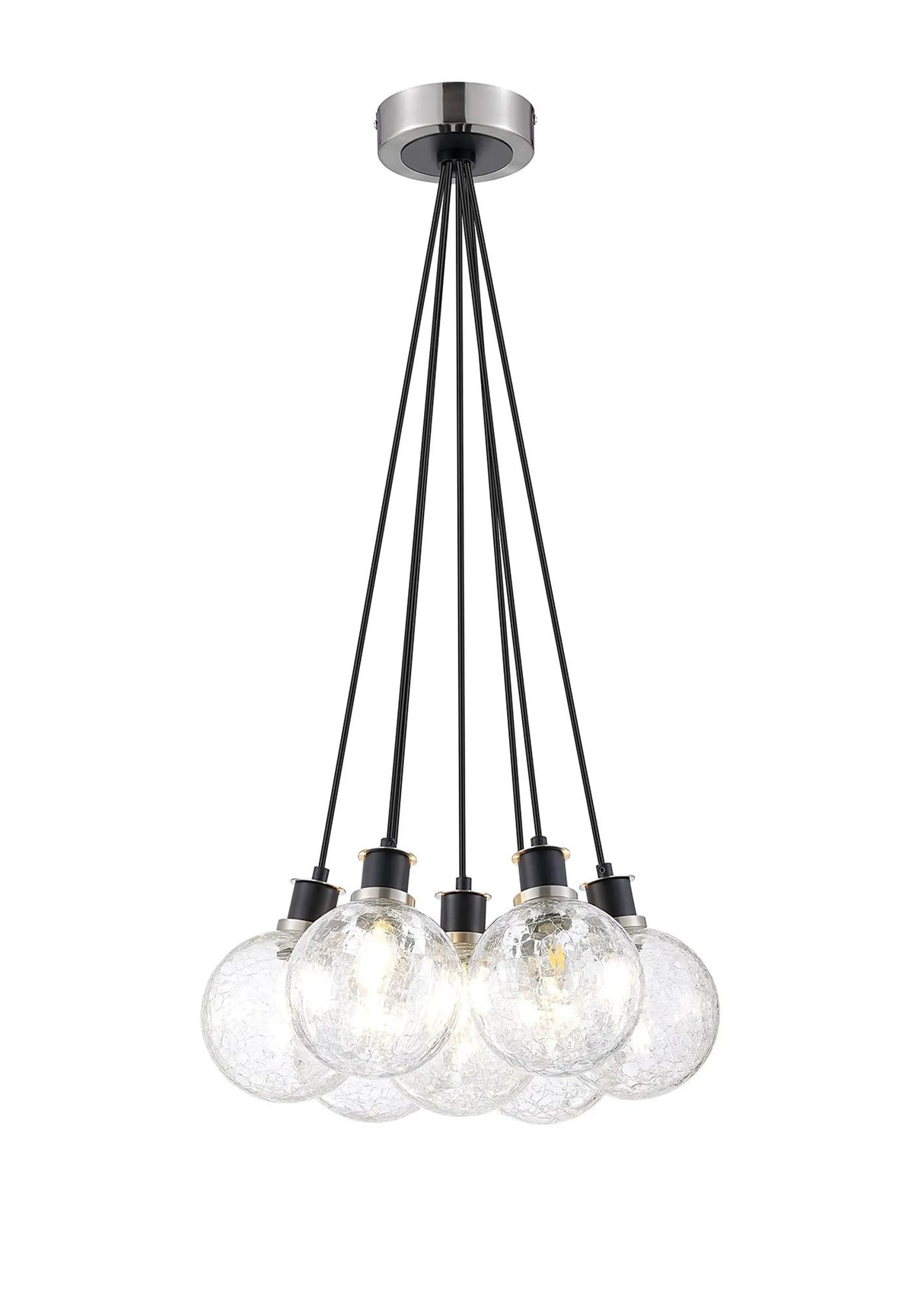 Stevens 1.3m Round Cluster Pendant, 7 x E14 With 15cm Round Crackled Glass Shade, Satin Nickel, Clear & Satin Black