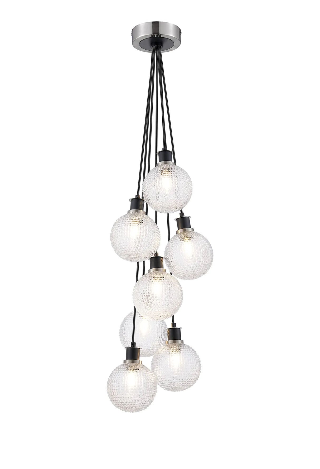 Stevens 1.3m Round Cluster Pendant, 7 x E14 With 15cm Round Textured Diamond Pattern Glass Shade, Satin Nickel, Clear & Satin Black