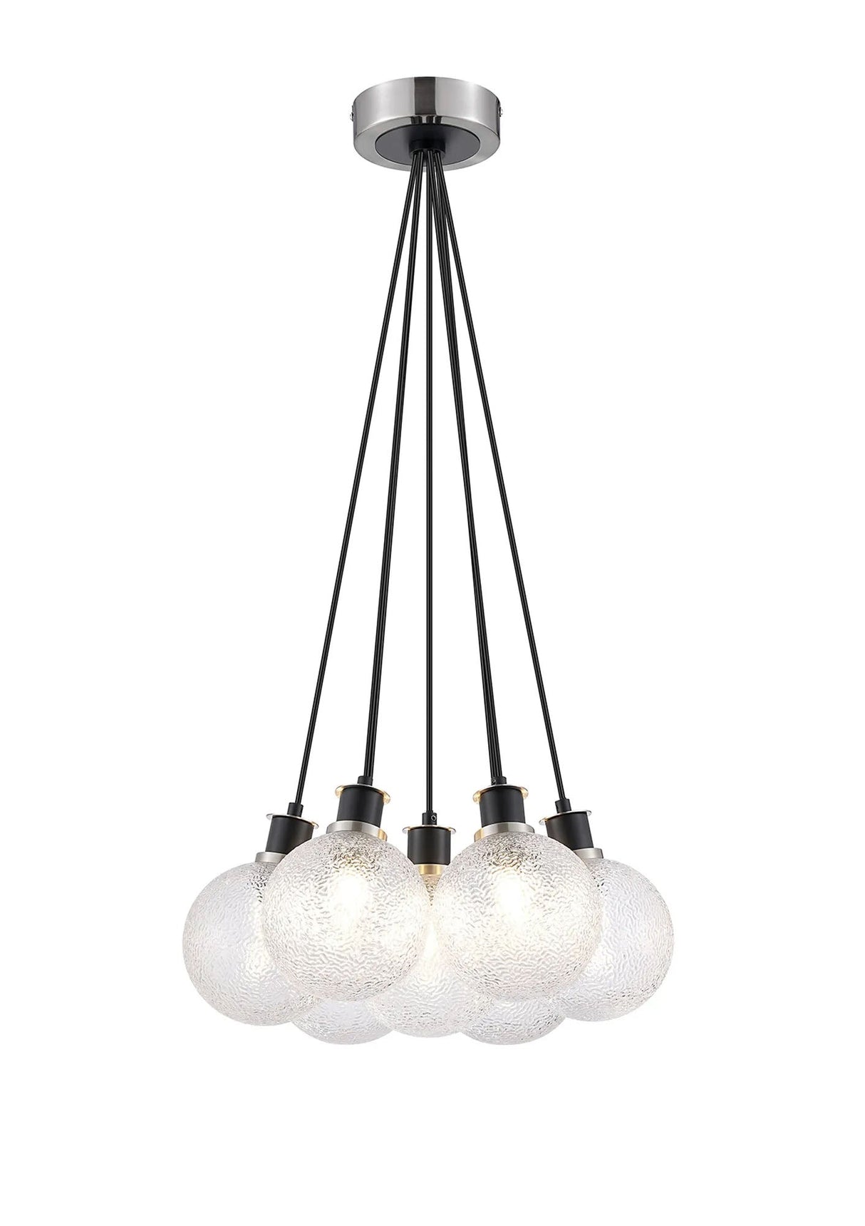 Stevens 1.3m Round Cluster Pendant, 7 x E14 With 15cm Round Dimpled Glass Shade, Satin Nickel, Clear & Satin Black