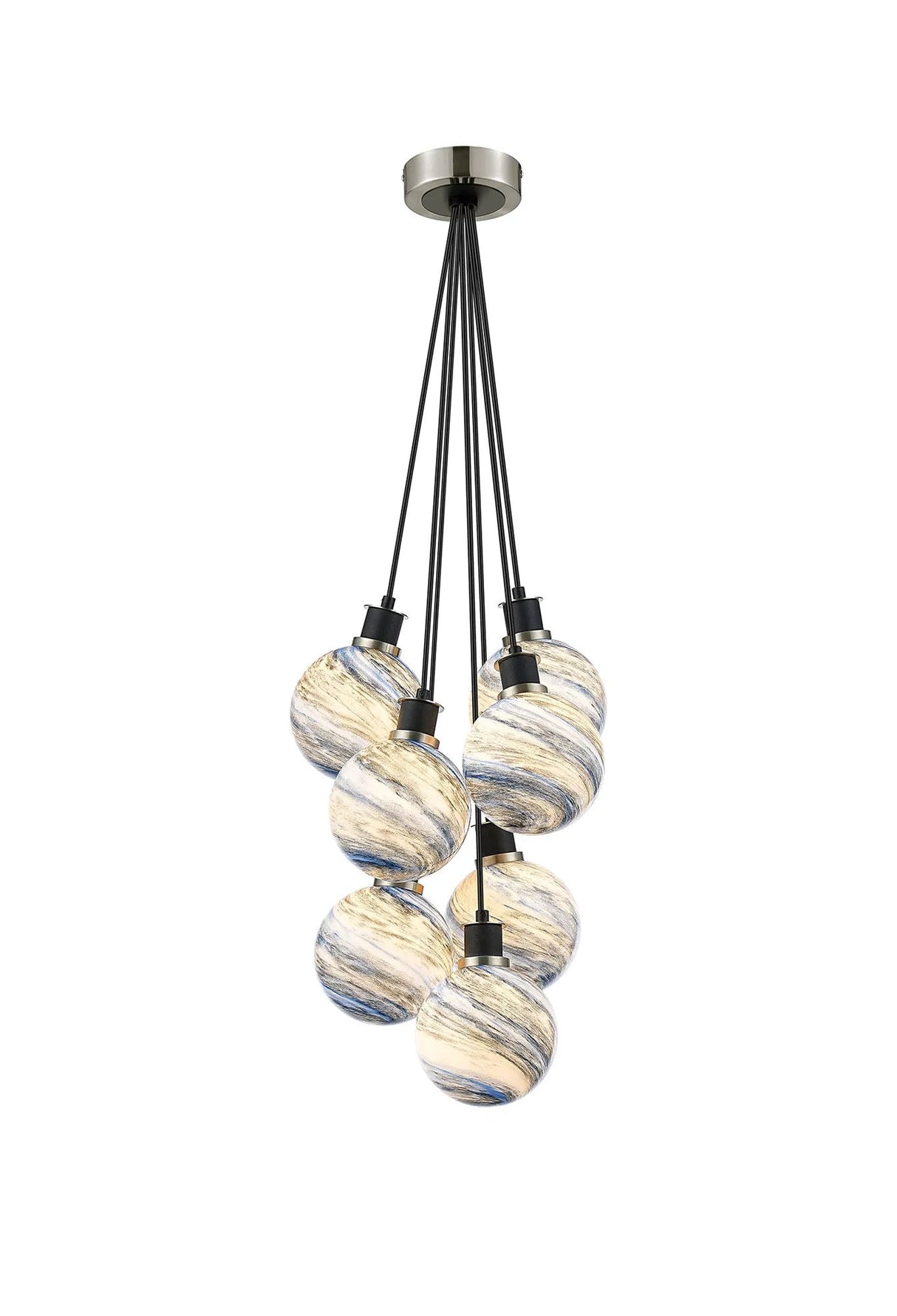 Stevens 45cm Round Cluster Pendant, 7 Light E14 With 15cm Round Dark Blue Marble Effect Glass Shade, Satin Nickel & Satin Black Framework