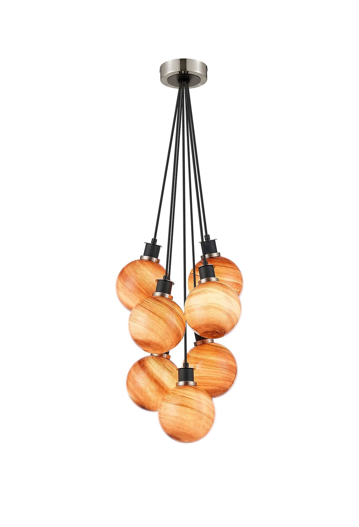 Stevens 45cm Round Cluster Pendant, 7 Light E14 With 15cm Round Dark Pink Marble Effect Glass Shade, Satin Nickel & Satin Black Framework