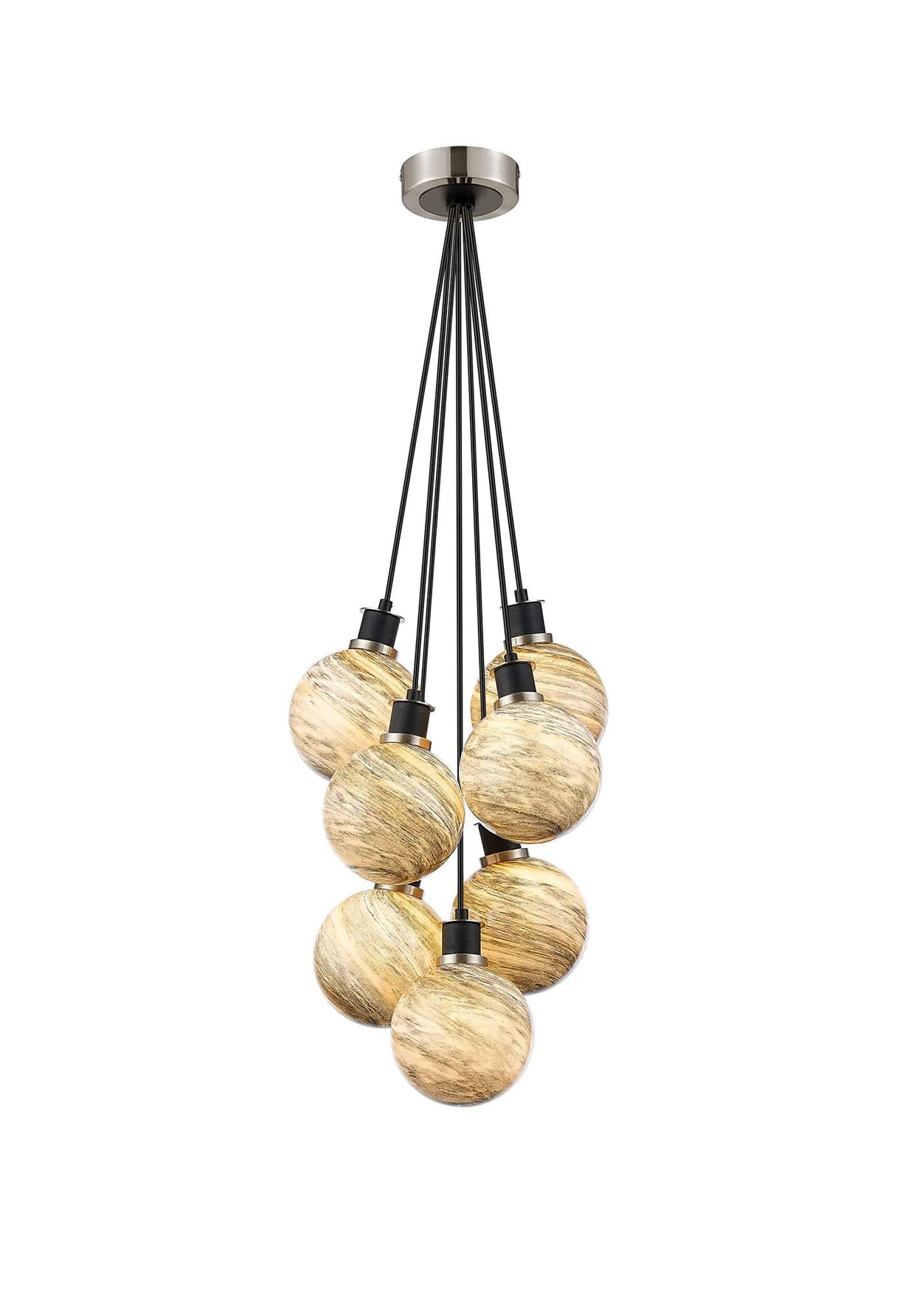 Stevens 45cm Round Cluster Pendant, 7 Light E14 With 15cm Round Light Grey Marble Effect Glass Shade, Satin Nickel & Satin Black Framework