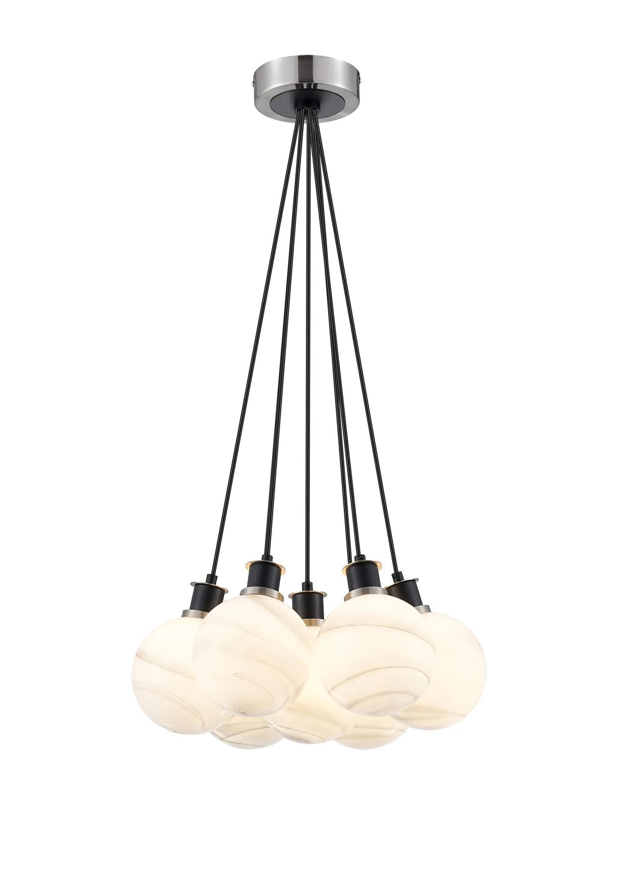 Stevens 1.3m Round Cluster Pendant, 7 x E14 With 15cm Round Marble Effect Glass Shade, Satin Nickel, White & Satin Black
