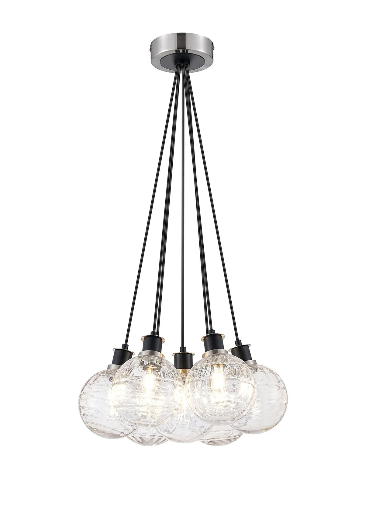 Stevens 1.3m Round Cluster Pendant, 7 x E14 With 15cm Round Textured Melting Glass Shade, Satin Nickel, Clear & Satin Black