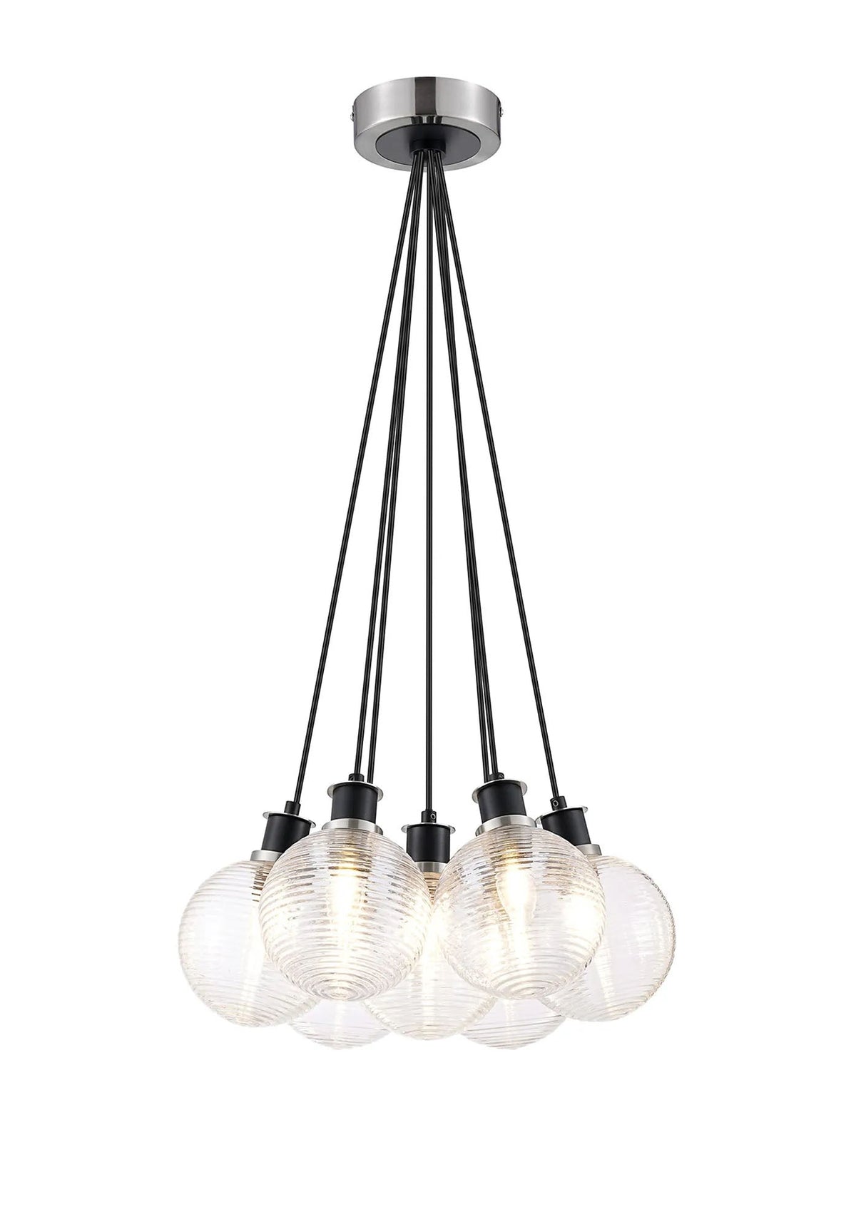 Stevens 1.3m Round Cluster Pendant, 7 x E14 With 15cm Round Ribbed Glass Shade, Satin Nickel, Clear & Satin Black