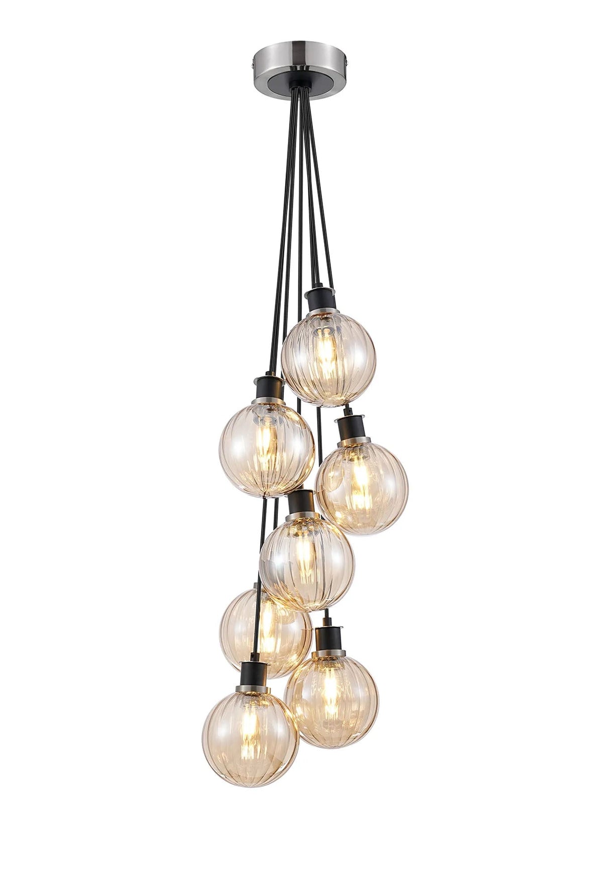 Stevens 1.3m Round Cluster Pendant, 7 x E14 With 15cm Round Segment Glass Shade, Satin Nickel, Amber Plated & Satin Black