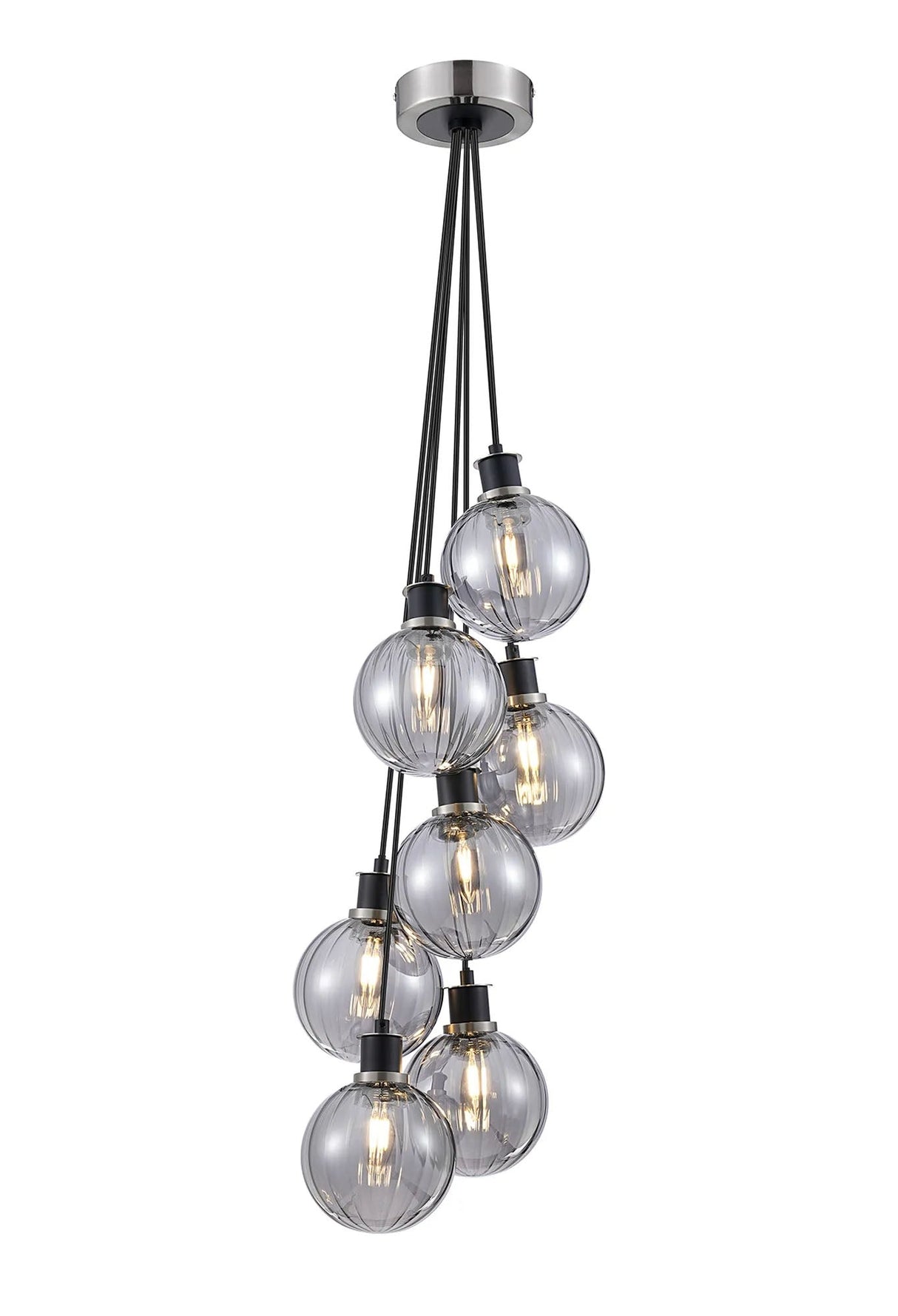 Stevens 1.3m Round Cluster Pendant, 7 x E14 With 15cm Round Segment Glass Shade, Satin Nickel, Smoke Plated & Satin Black