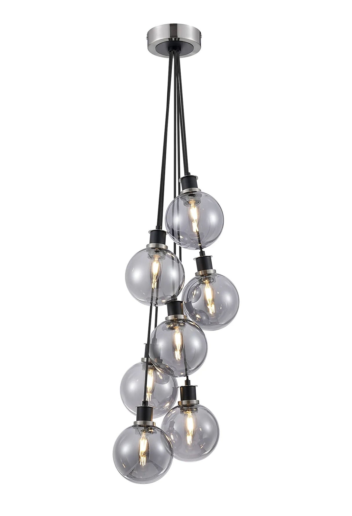 Stevens 1.3m Round Cluster Pendant, 7 x E14 With 15cm Round Glass Shade, Satin Nickel, Smoke Plated & Satin Black
