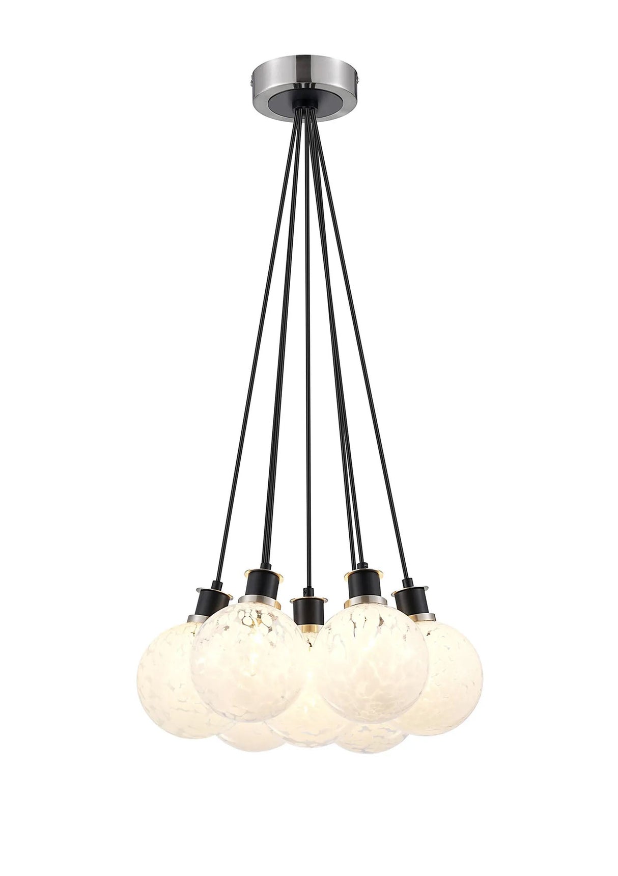 Stevens 1.3m Round Cluster Pendant, 7 x E14 With 15cm Round Speckled Glass Shade, Satin Nickel, White & Satin Black