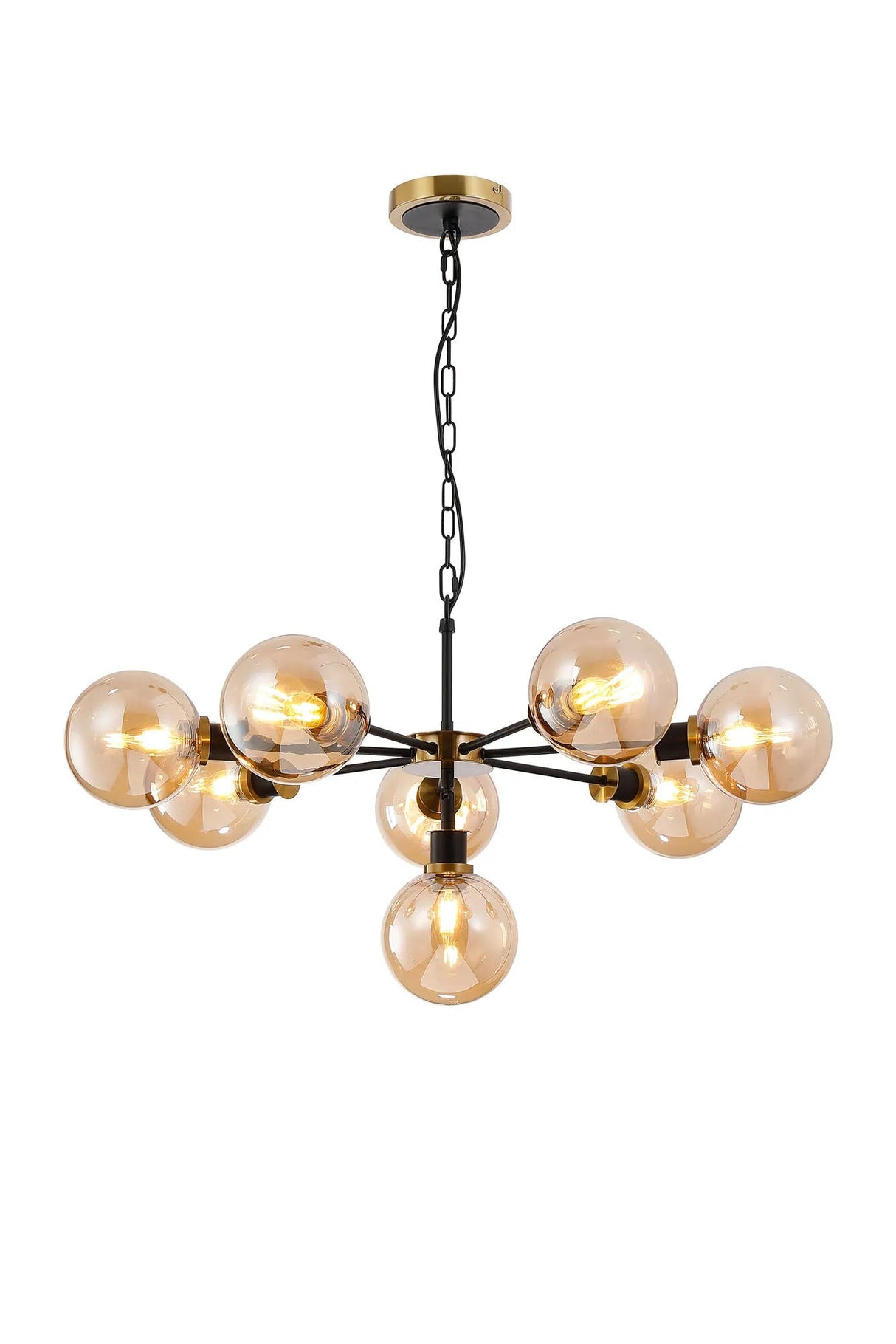 Stevens Pendant, 8 x E14 With 15cm Round Glass Shade, Brass, Amber Plated & Satin Black