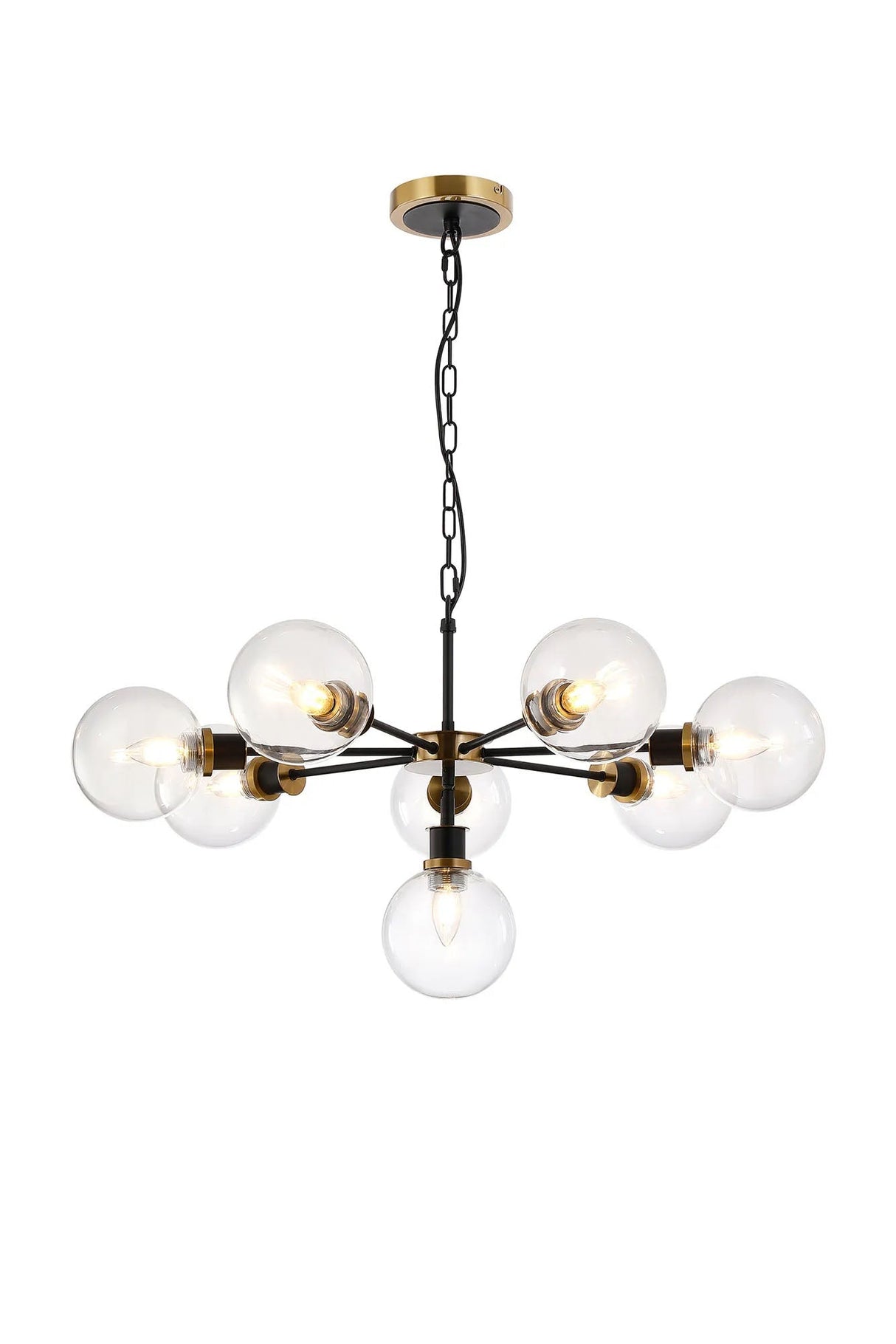 Stevens Pendant, 8 x E14 With 15cm Round Glass Shade, Brass, Clear & Satin Black