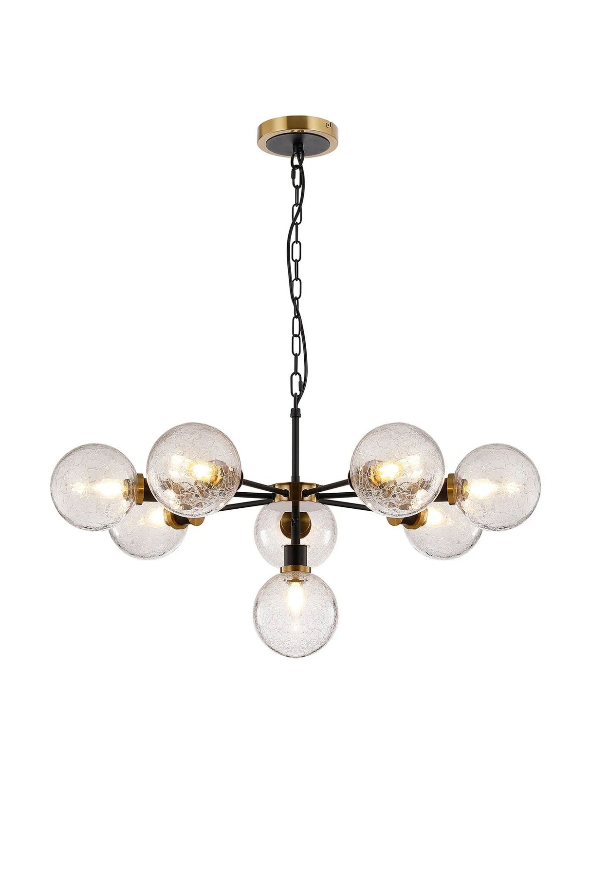 Stevens Pendant, 8 x E14 With 15cm Round Crackled Glass Shade, Brass, Clear & Satin Black