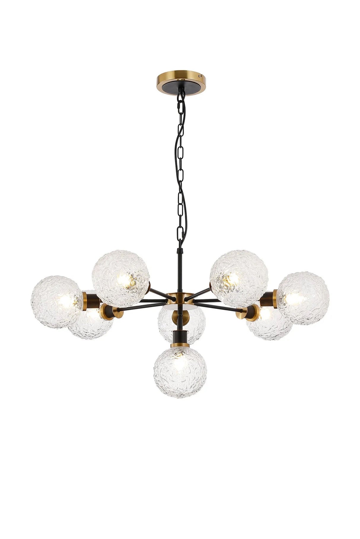 Stevens Pendant, 8 x E14 With 15cm Round Textured Crumple Glass Shade, Brass, Clear & Satin Black
