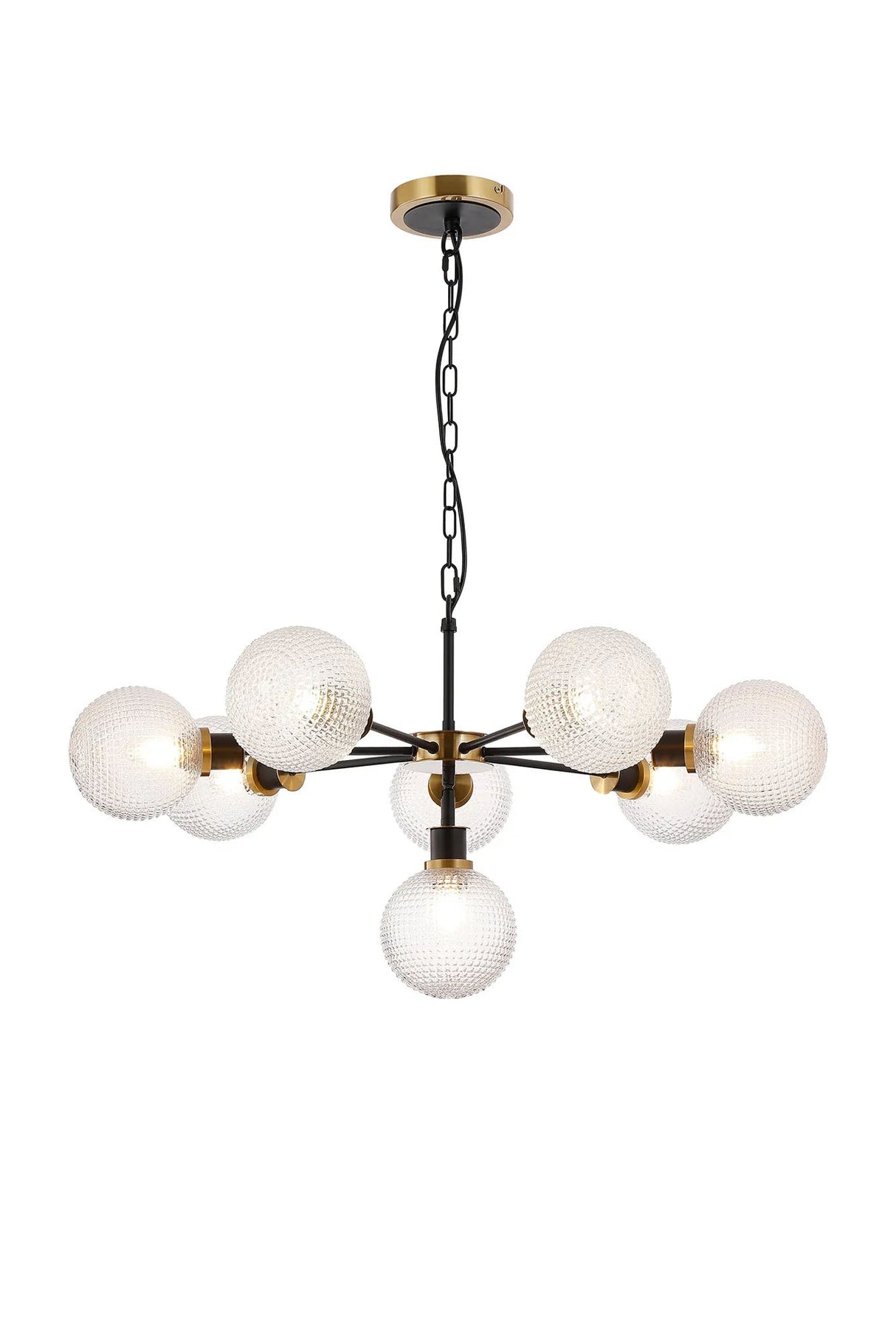 Stevens Pendant, 8 x E14 With 15cm Round Textured Diamond Pattern Glass Shade, Brass, Clear & Satin Black