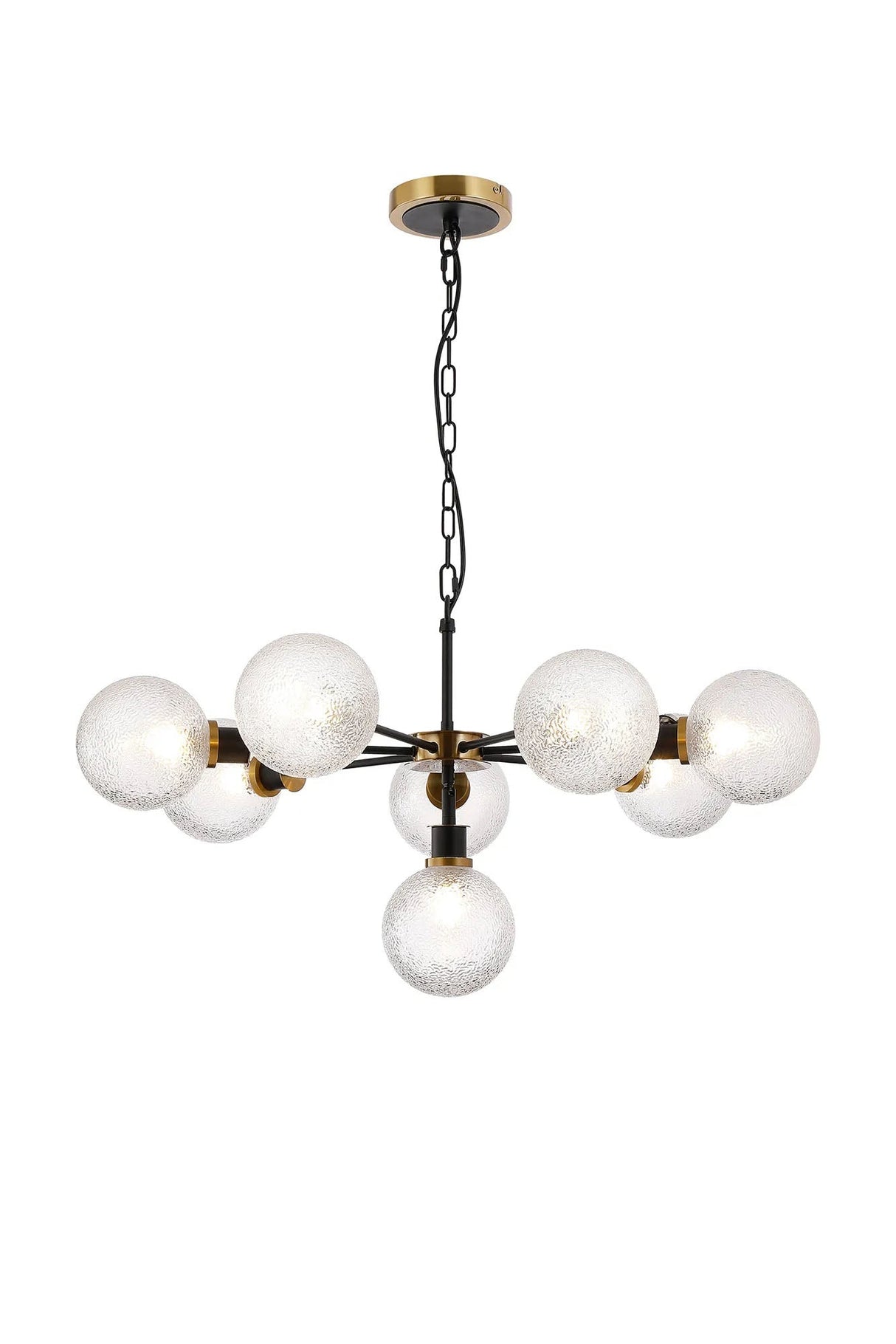 Stevens Pendant, 8 x E14 With 15cm Round Dimpled Glass Shade, Brass, Clear & Satin Black