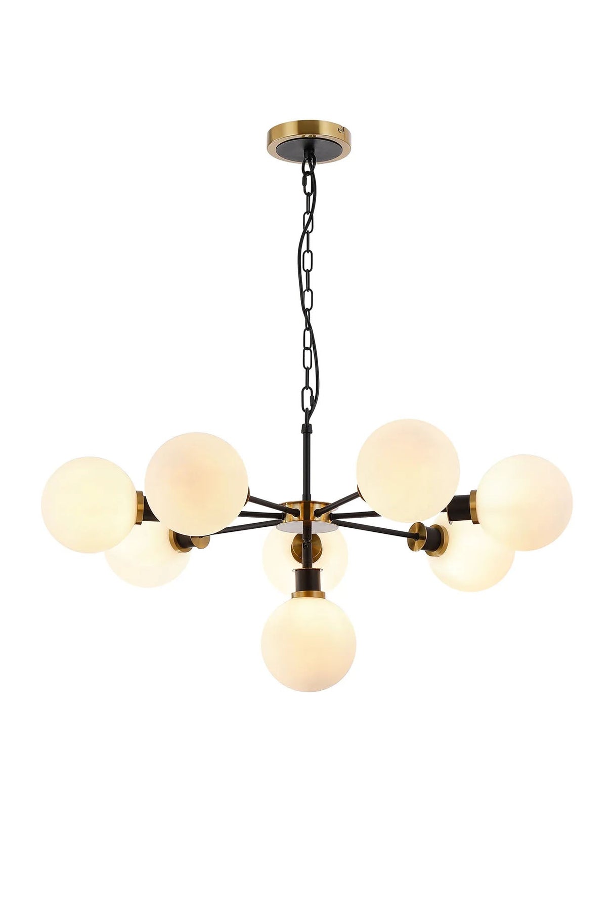 Stevens Pendant, 8 x E14 With 15cm Round Glass Shade, Brass, Opal & Satin Black