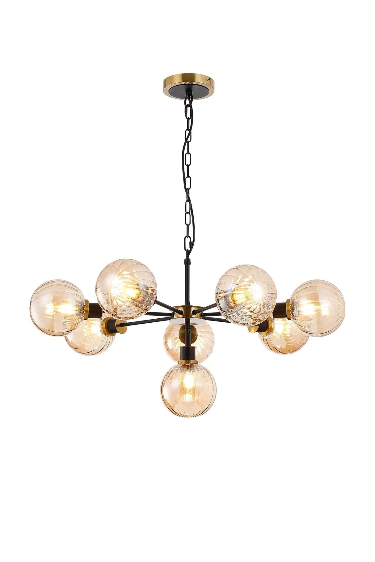 Stevens Pendant, 8 x E14 With 15cm Round Segment Glass Shade, Brass, Amber Plated & Satin Black