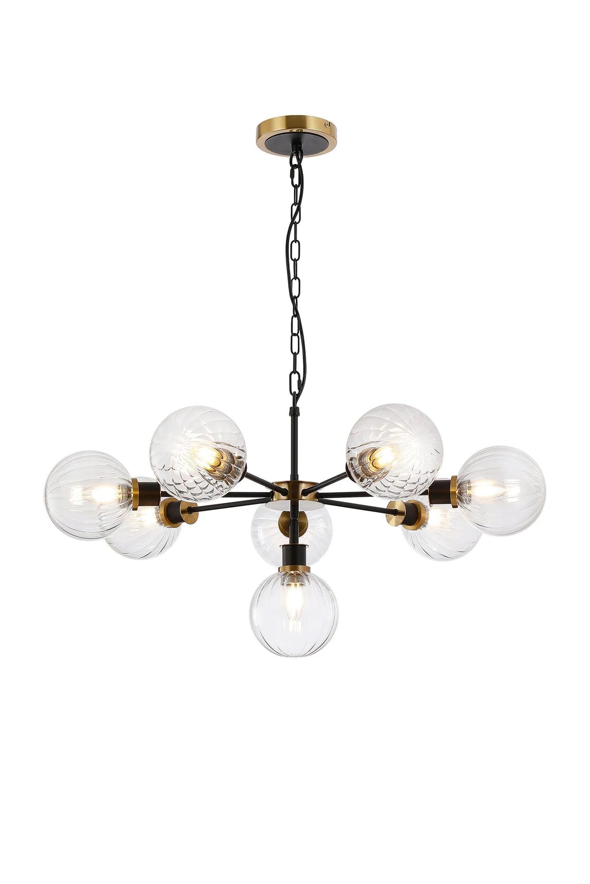 Stevens Pendant, 8 x E14 With 15cm Round Segment Glass Shade, Brass, Clear & Satin Black