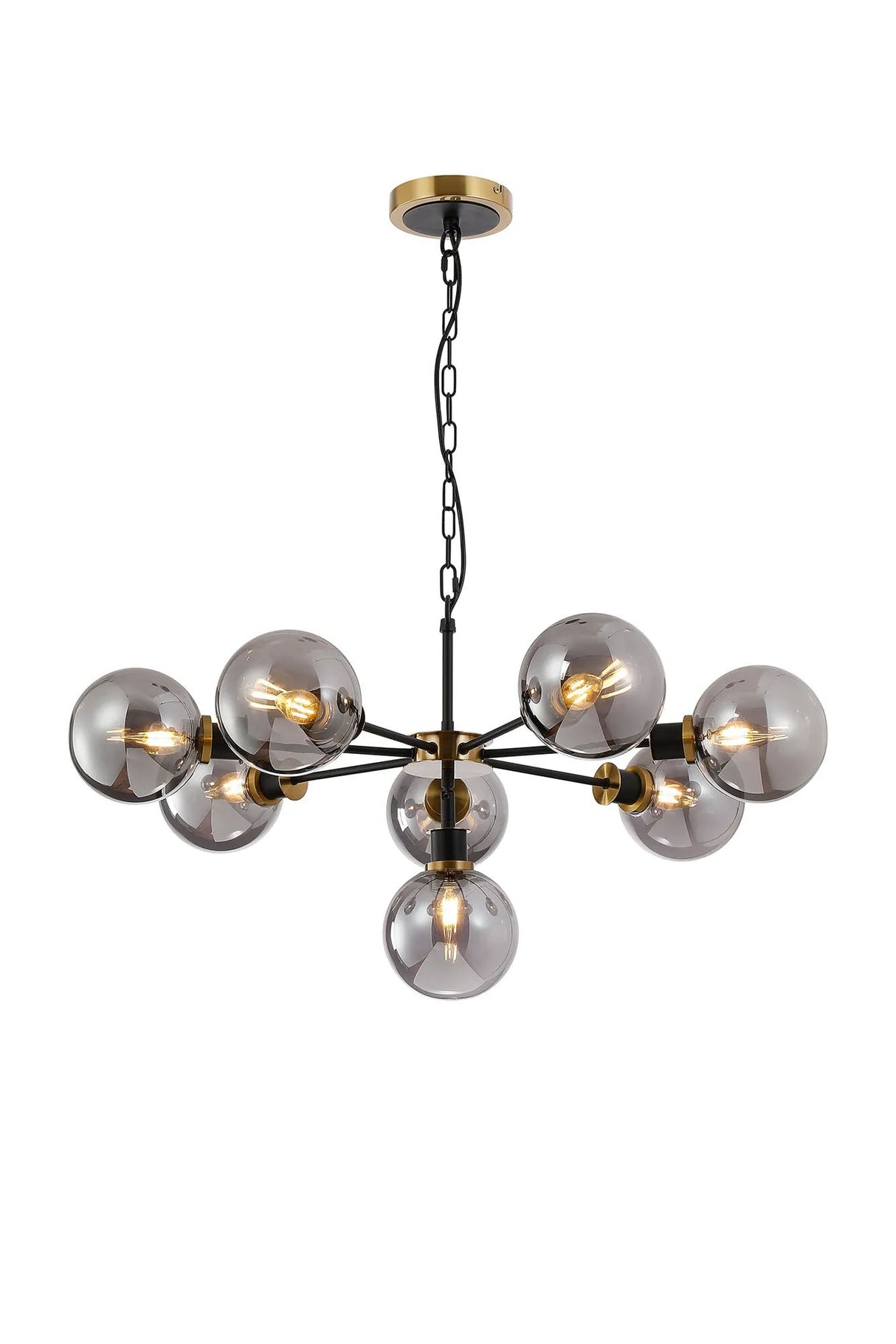 Stevens Pendant, 8 x E14 With 15cm Round Glass Shade, Brass, Smoke Plated & Satin Black