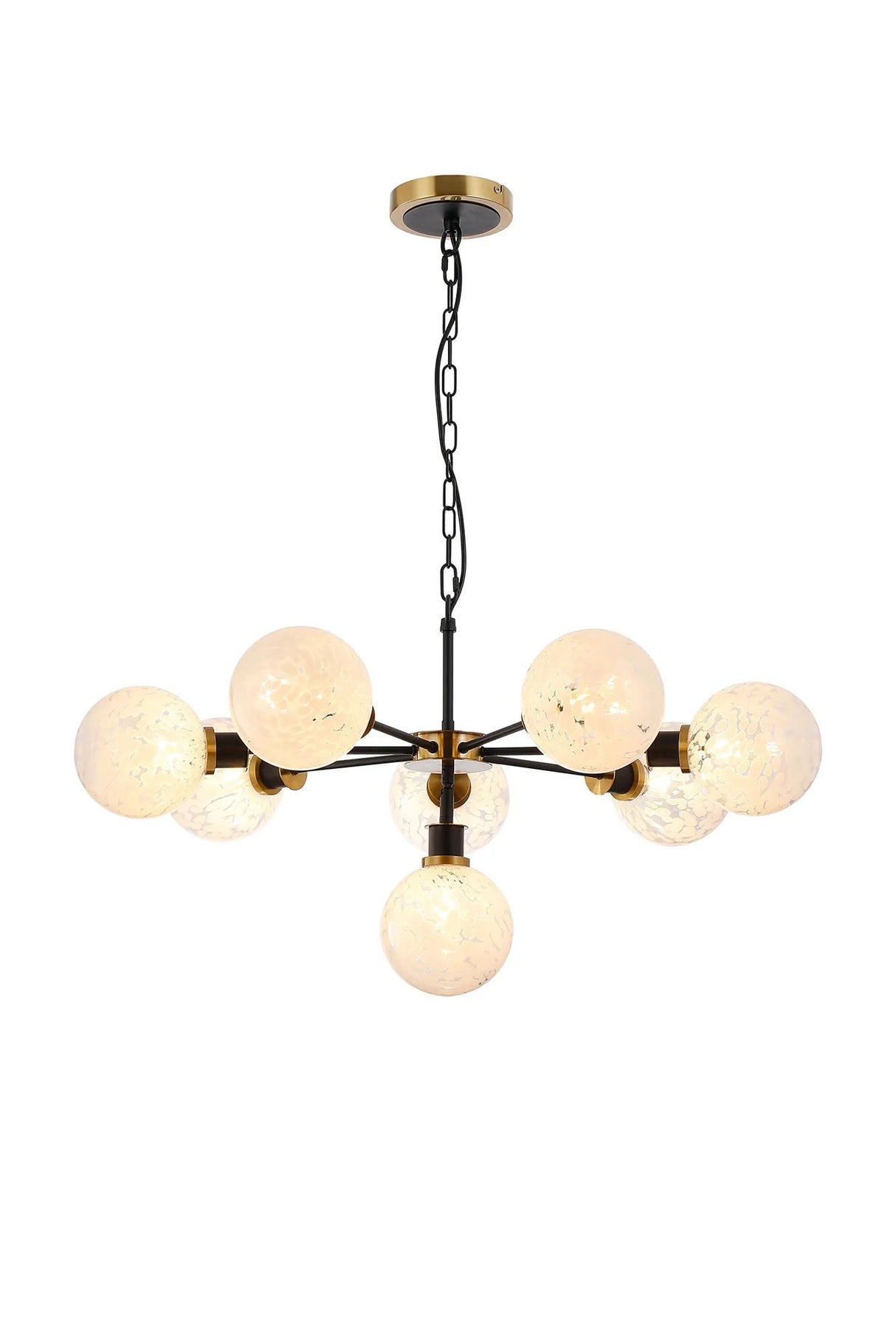 Stevens Pendant, 8 x E14 With 15cm Round Speckled Glass Shade, Brass, White & Satin Black