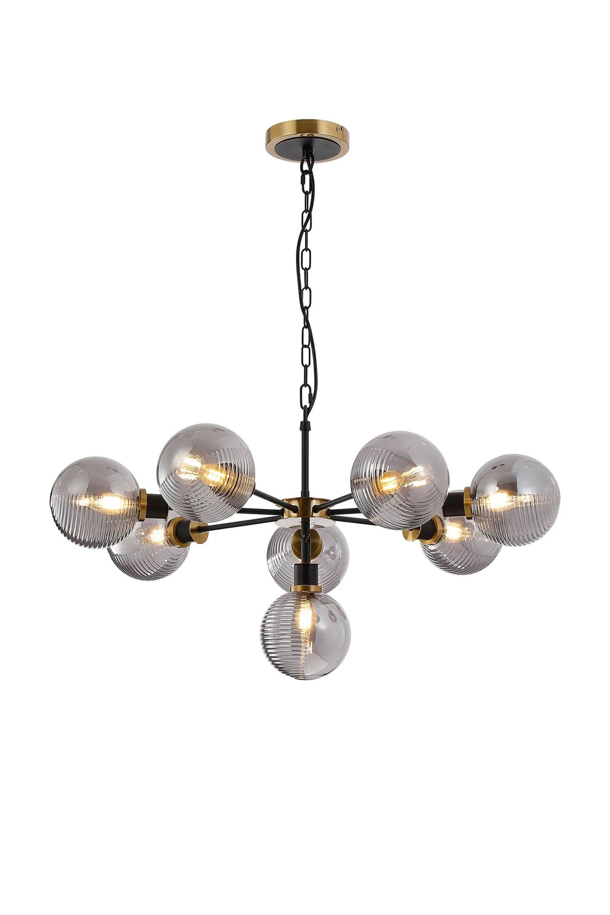 Stevens Pendant, 8 x E14 With 15cm Round Double Textured Smooth/Ribbed Glass Shade, Brass, Smoke Plated & Satin Black