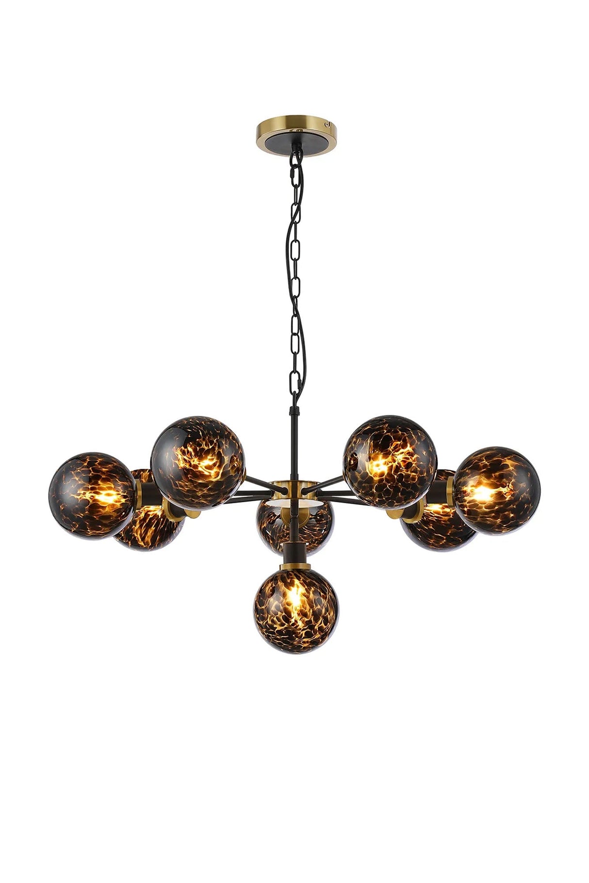 Stevens 84cm Pendant, 8 Light E14 With 15cm Round Brown & Amber Tortoise Shell Glass Shade, Brass & Satin Black