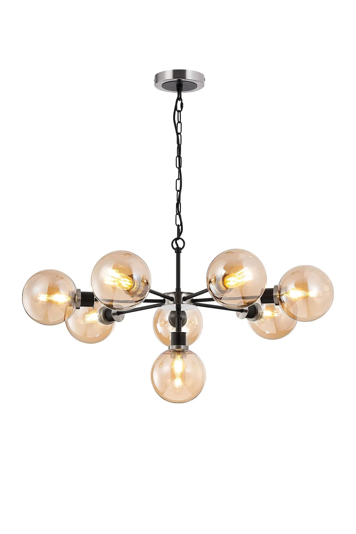 Stevens Pendant, 8 x E14 With 15cm Round Glass Shade, Satin Nickel, Amber Plated & Satin Black