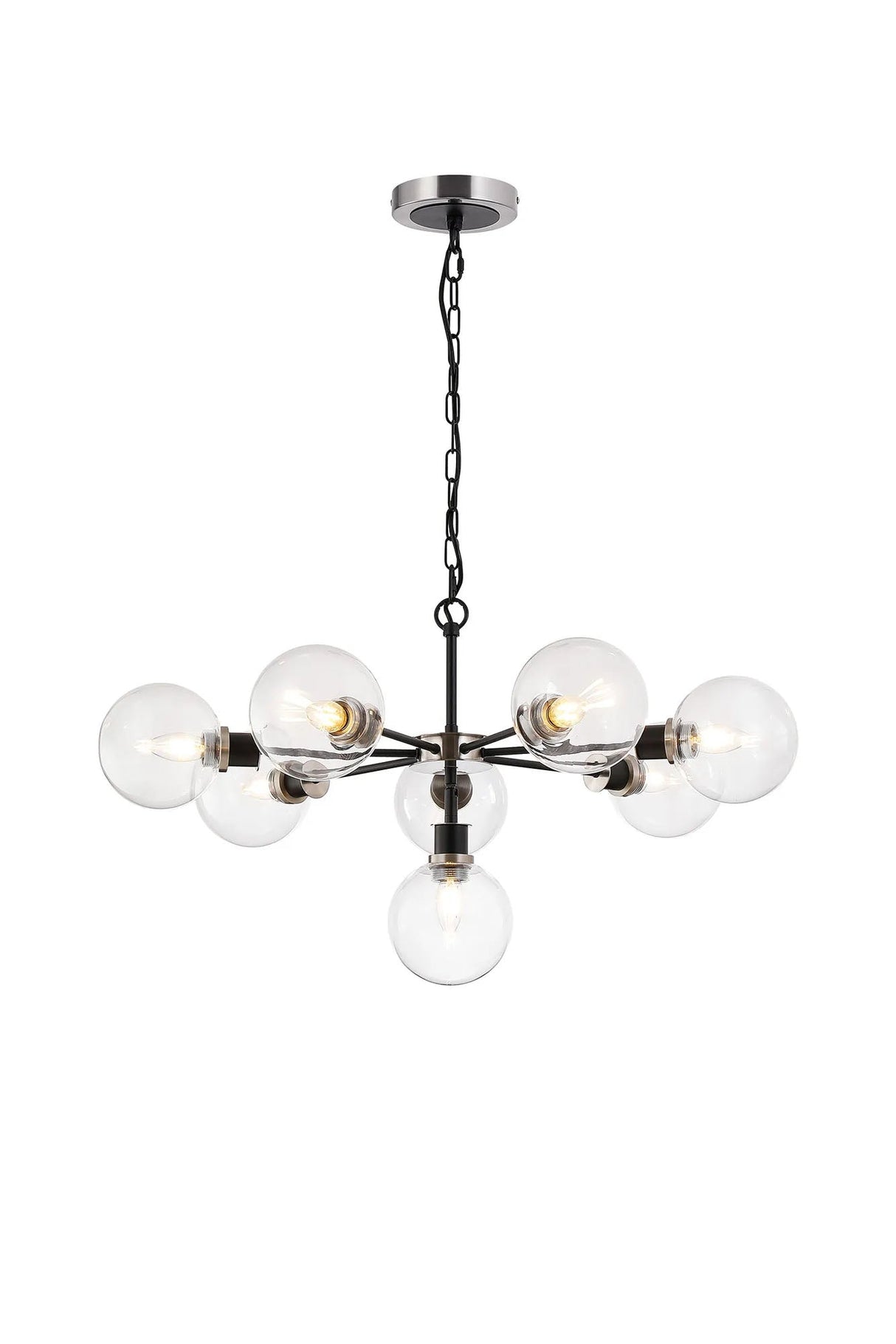 Stevens Pendant, 8 x E14 With 15cm Round Glass Shade, Satin Nickel, Clear & Satin Black