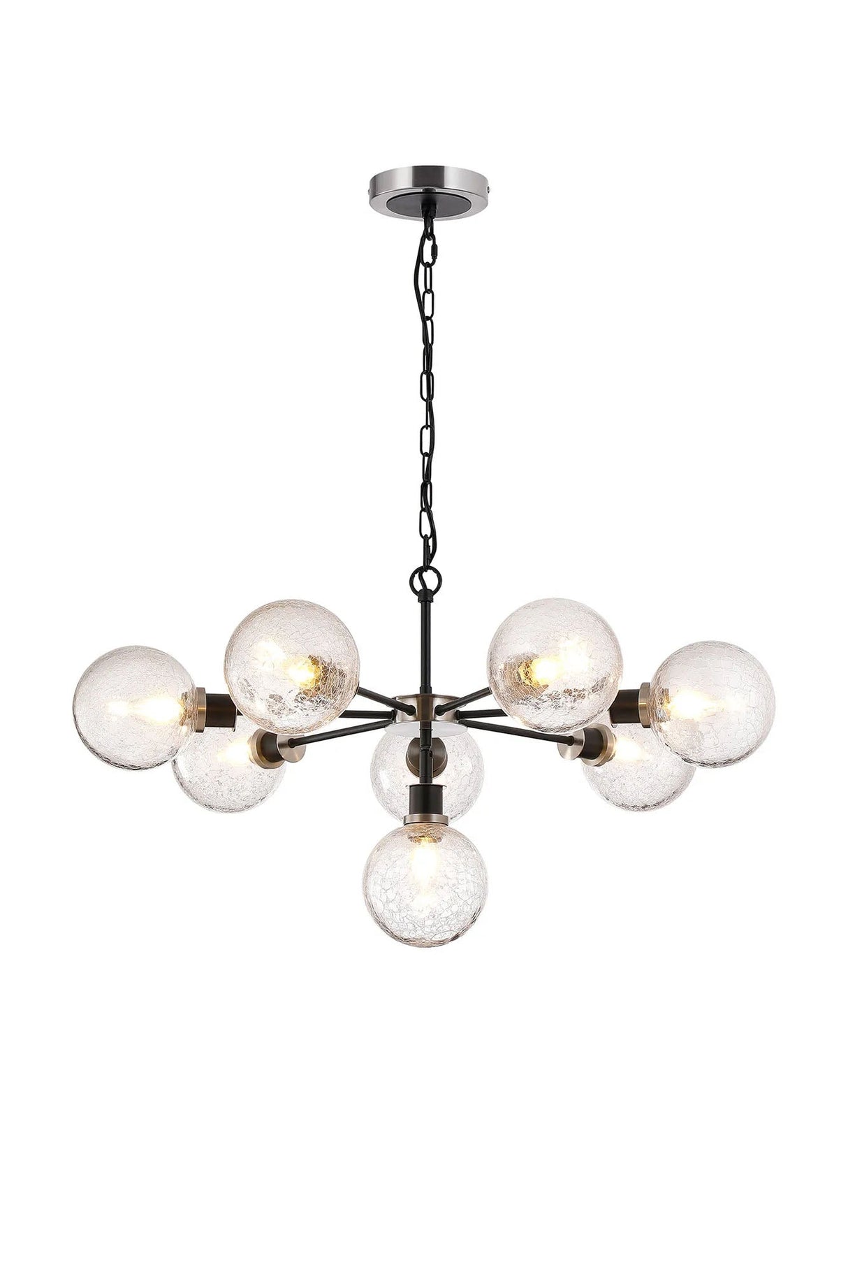Stevens Pendant, 8 x E14 With 15cm Round Crackled Glass Shade, Satin Nickel, Clear & Satin Black