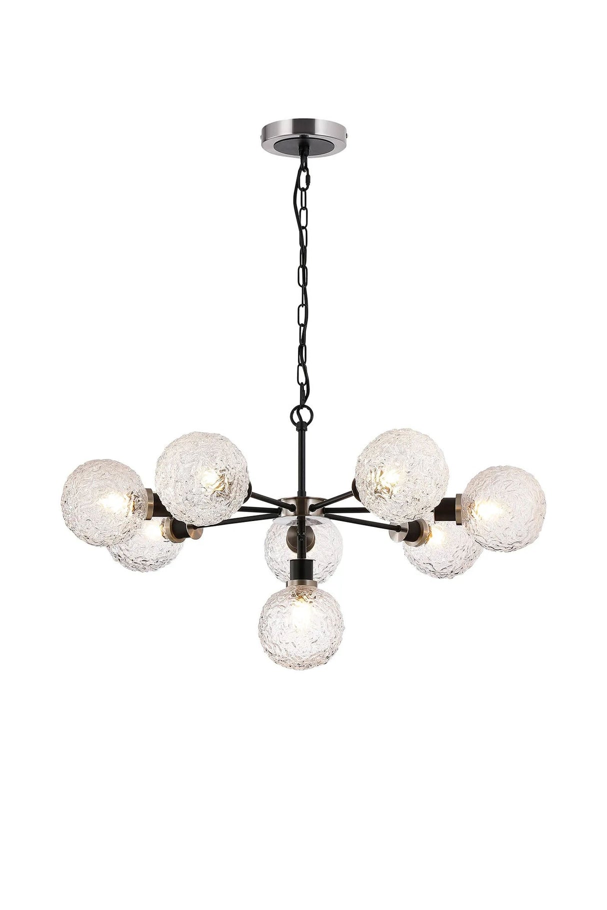 Stevens Pendant, 8 x E14 With 15cm Round Textured Crumple Glass Shade, Satin Nickel, Clear & Satin Black