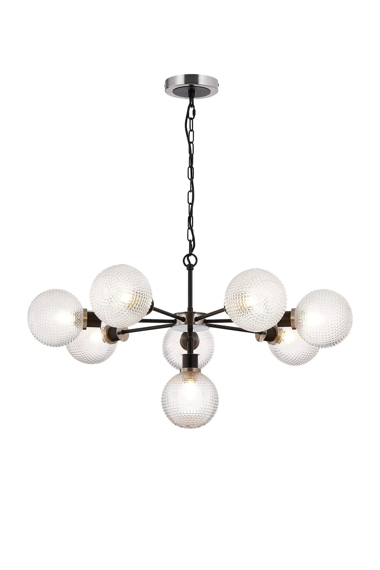 Stevens Pendant, 8 x E14 With 15cm Round Textured Diamond Pattern Glass Shade, Satin Nickel, Clear & Satin Black